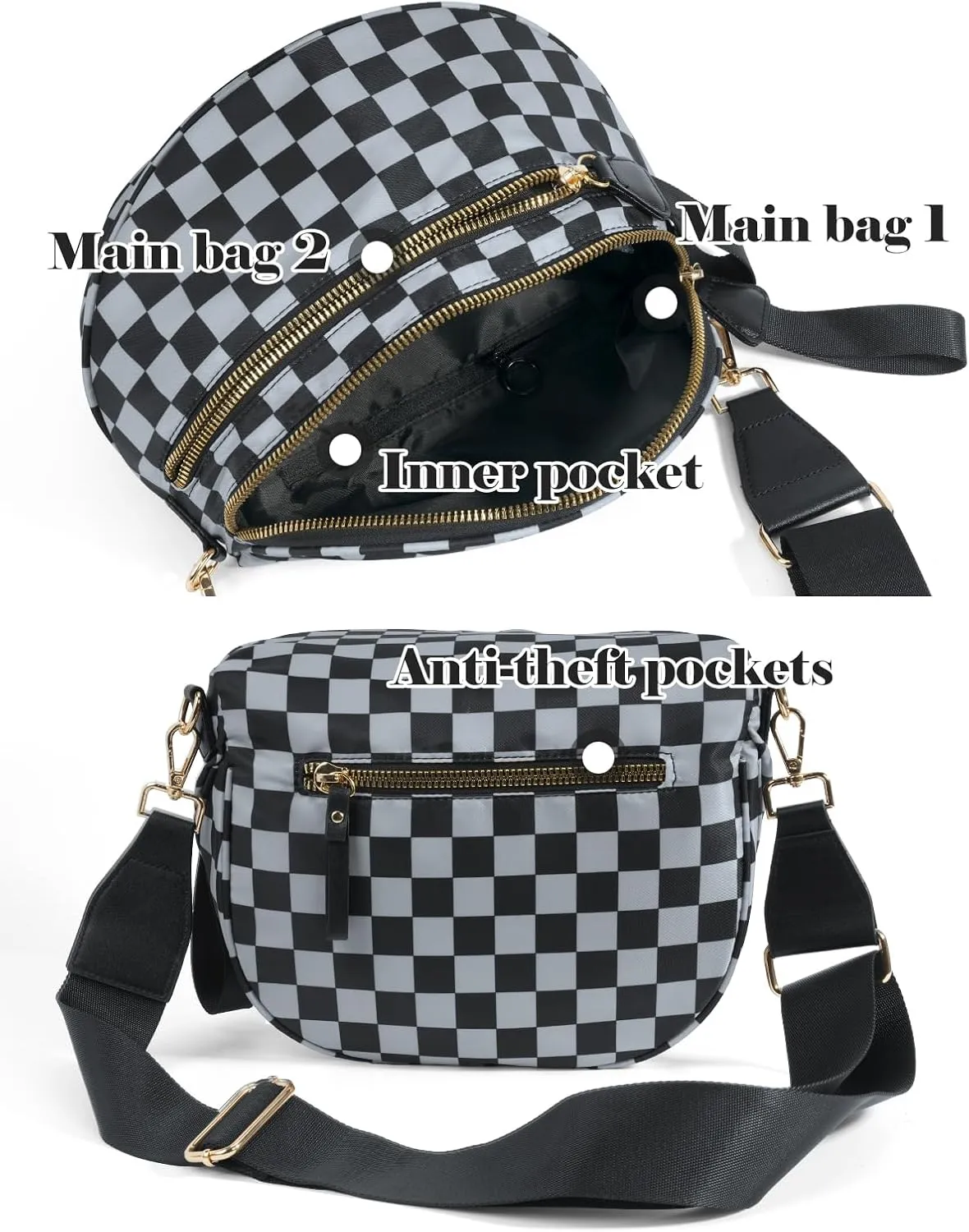 Black and White Checkered Crossbody Bag Bum Bag for Women,Spacious Checkered Purse Fanny Packs Belt Bag