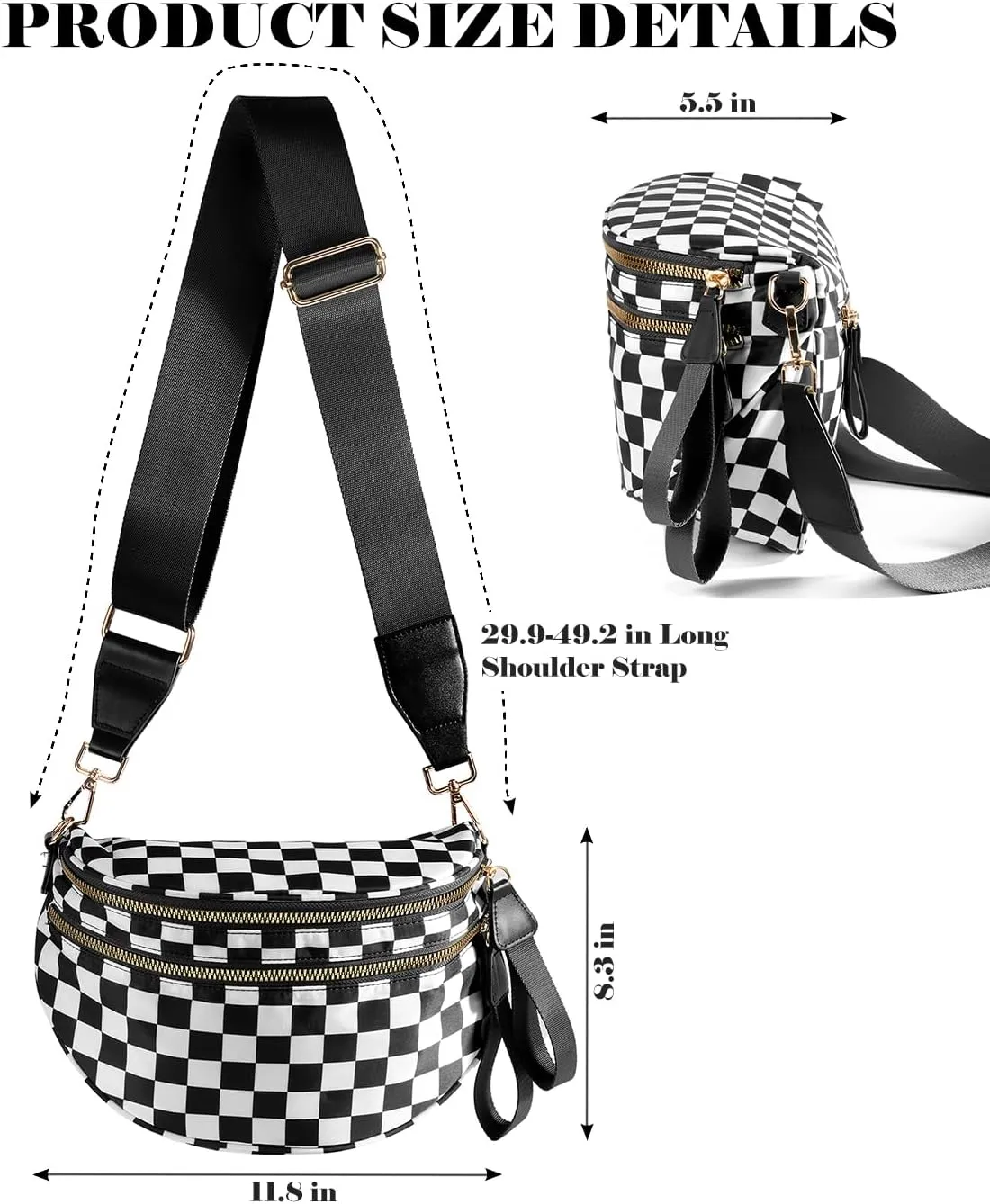 Black and White Checkered Crossbody Bag Bum Bag for Women,Spacious Checkered Purse Fanny Packs Belt Bag