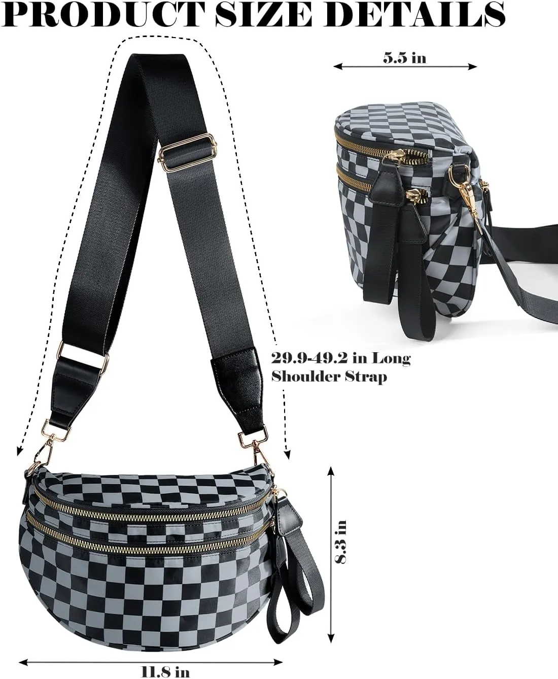 Black and White Checkered Crossbody Bag Bum Bag for Women,Spacious Checkered Purse Fanny Packs Belt Bag