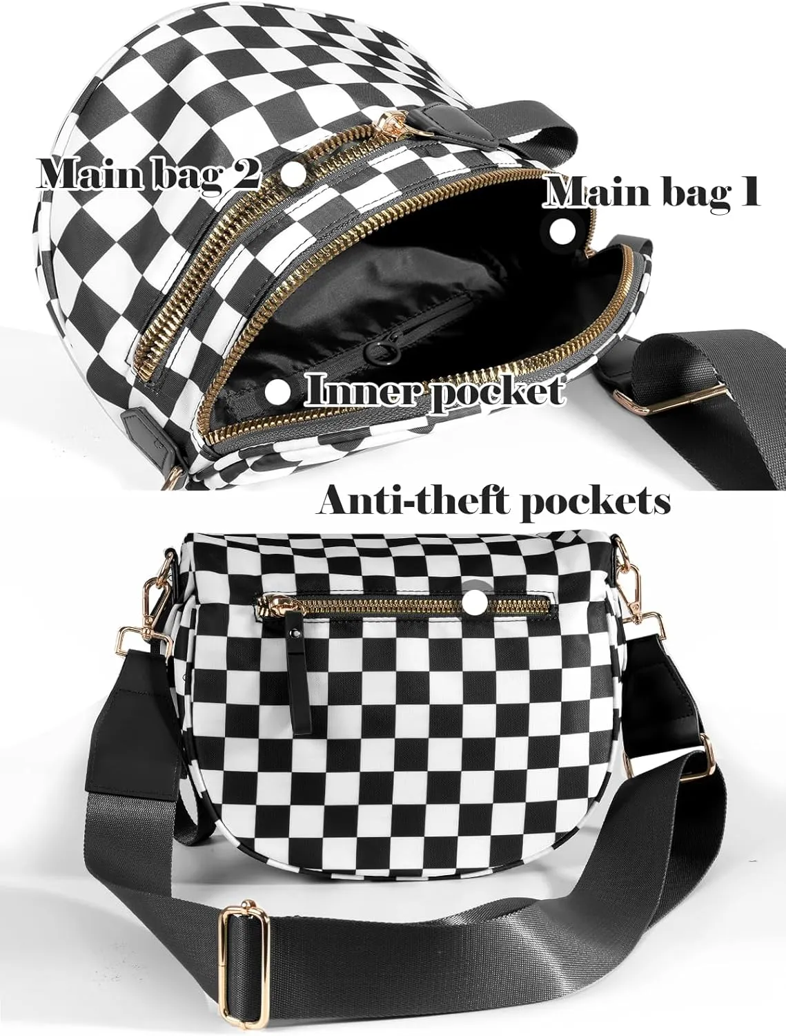 Black and White Checkered Crossbody Bag Bum Bag for Women,Spacious Checkered Purse Fanny Packs Belt Bag