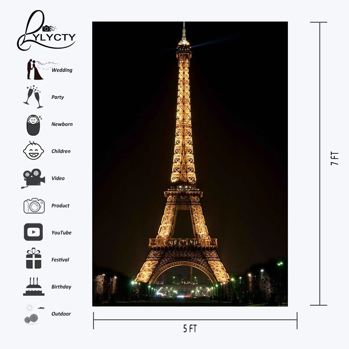 Black Backdrop Background for Photography Lights up The Eiffel Tower Backdrops for Photoshoot 5×7ft Use for Photography Backdrops Wedding Party Happy Birthday Backdrop 5×7ft Small Size