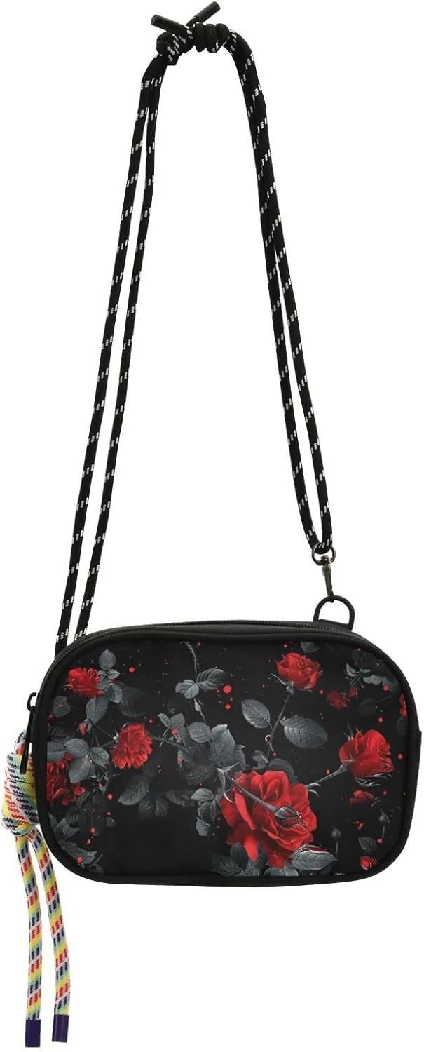 Black Background with Red Roses Falling Slowly Small Black Crossbody Purse Men Beauty with Adjustable Strap Cell Phone Bag Go shopping bolsas de mano para mujer