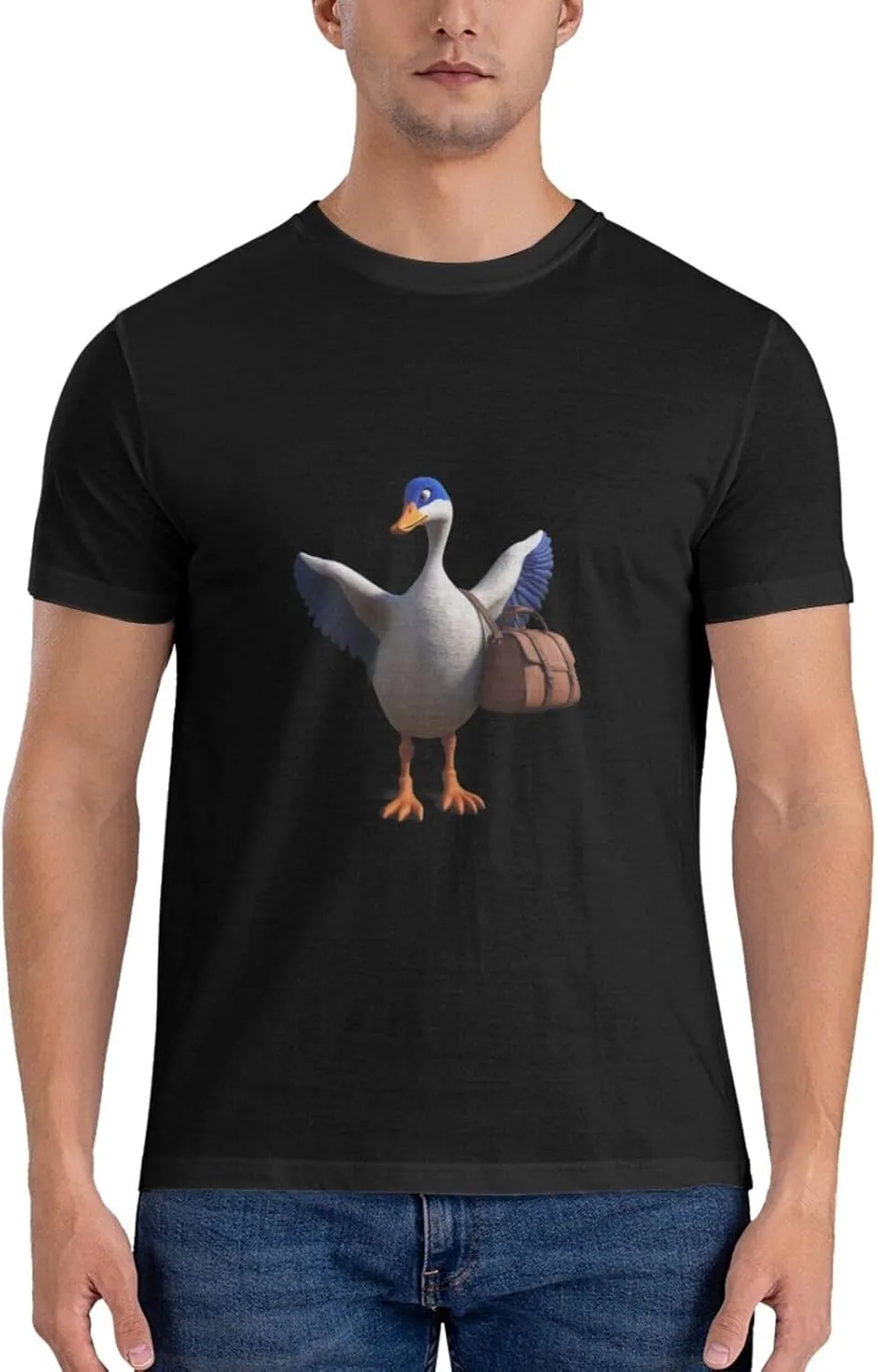 Black Big Goose Carrying a Crossbody Bag Prints Men's Short Sleeve t-Shirt Cotton Trendy Round Neck