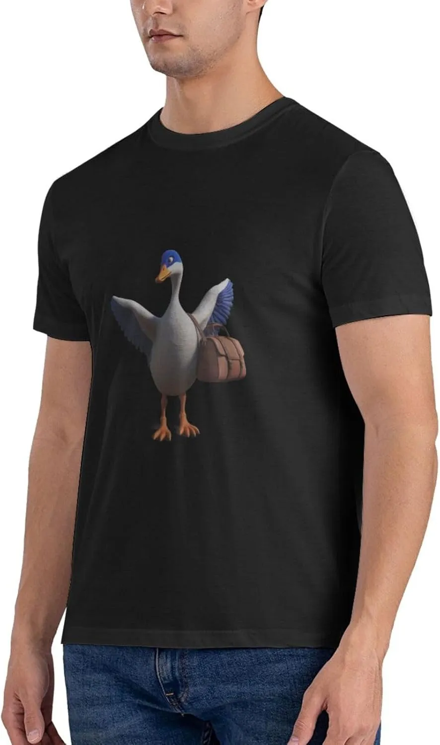 Black Big Goose Carrying a Crossbody Bag Prints Men's Short Sleeve t-Shirt Cotton Trendy Round Neck