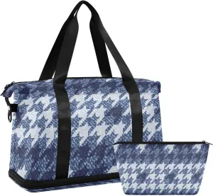 Blue Houndstooth Tweed Versatile Sports Travel Bag - Lasting Twill Tote, Removable Wheel & Rod Bagging, Multi-pocket Design, Complimentary Makeup Bag