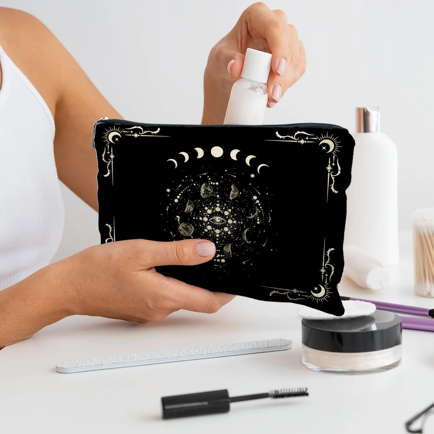 Boho Celestial Moon Phase Makeup Bag - Witchy, Halloweencosmetic Bag