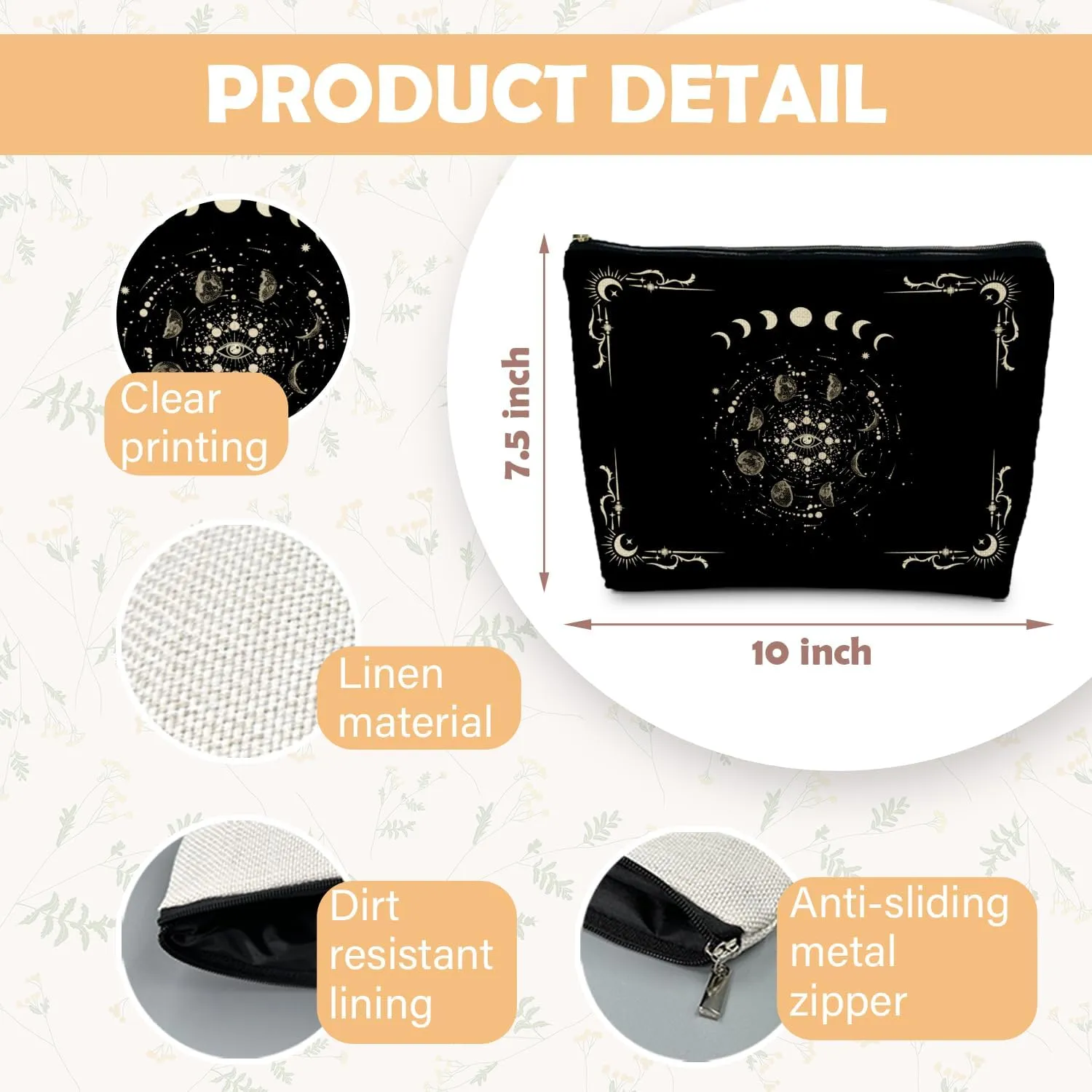Boho Celestial Moon Phase Makeup Bag - Witchy, Halloweencosmetic Bag