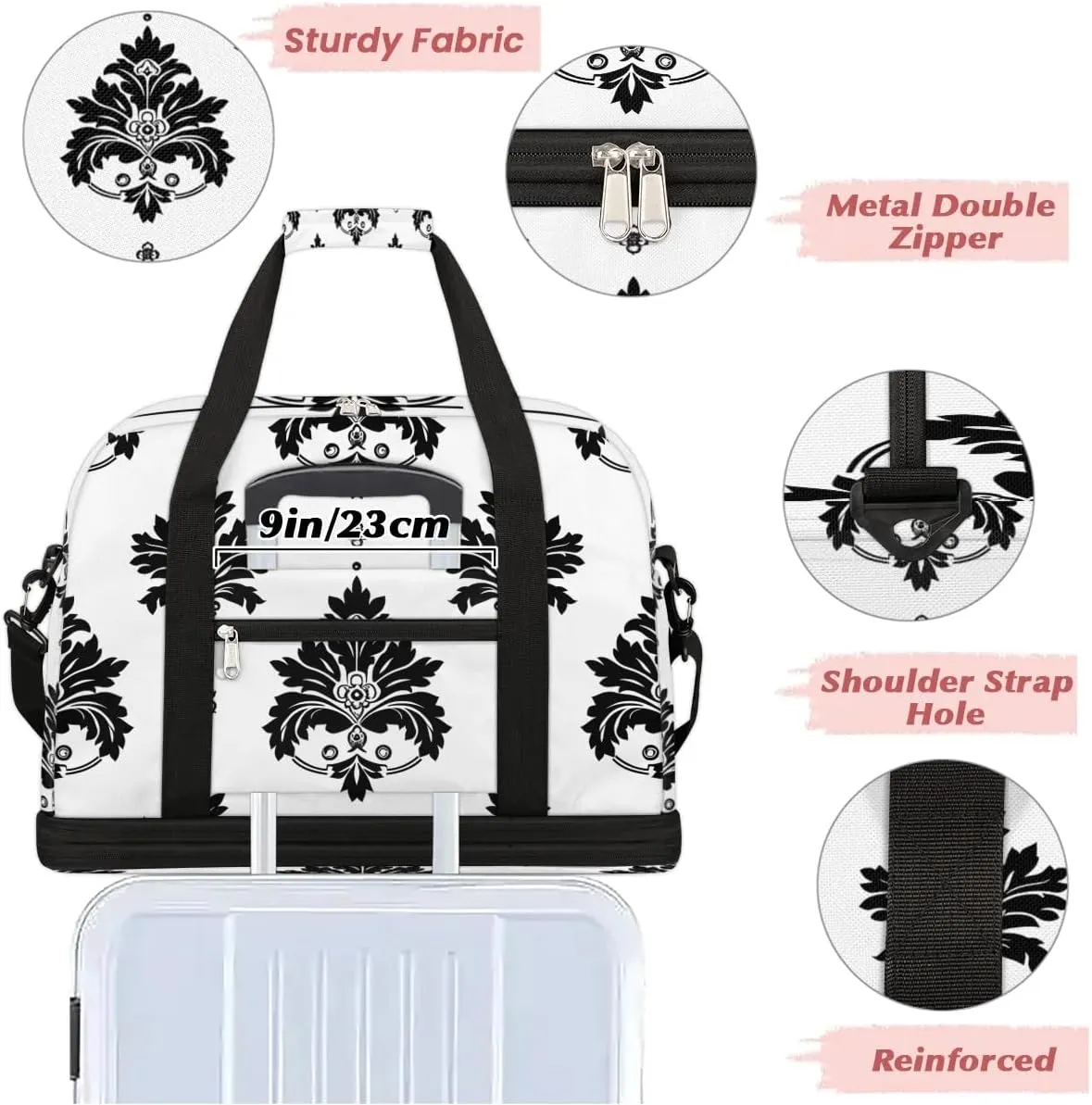 Boho Retro Patterns Floral Travel Duffle Bag, Collapsible Travel Bag Sports Gym Bag With Shoes Compartment Weekender Bag Overnight Bag For Women Men