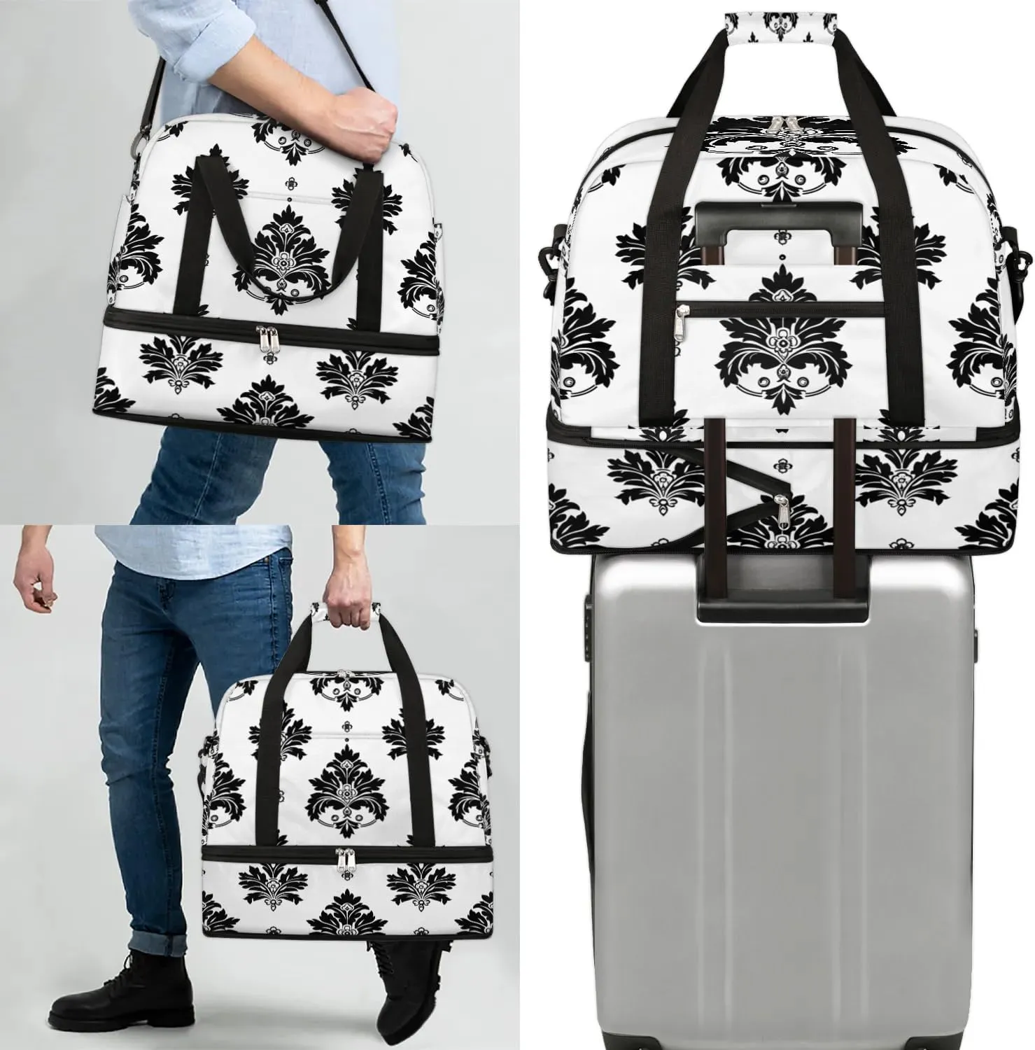 Boho Retro Patterns Floral Travel Duffle Bag, Collapsible Travel Bag Sports Gym Bag With Shoes Compartment Weekender Bag Overnight Bag For Women Men