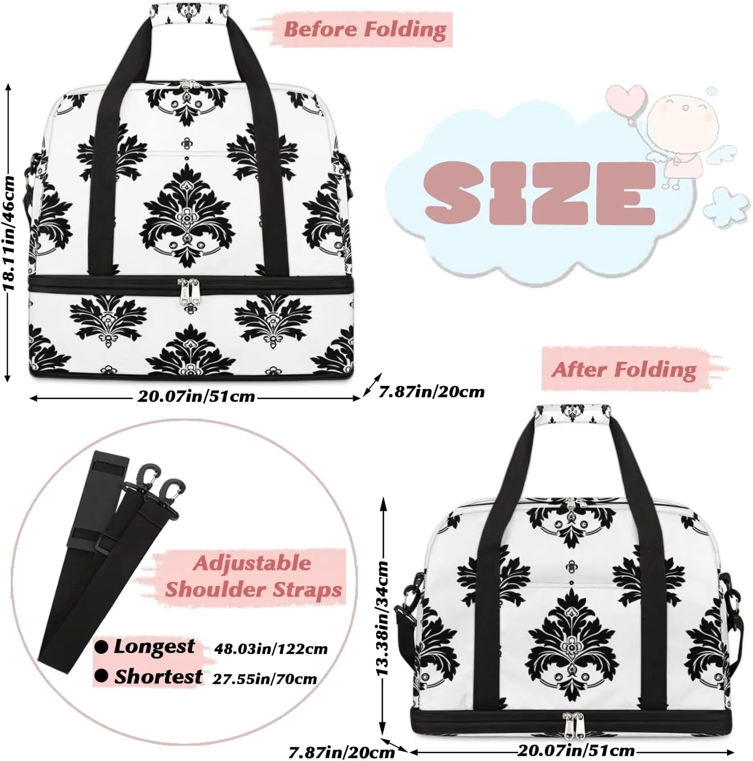 Boho Retro Patterns Floral Travel Duffle Bag, Collapsible Travel Bag Sports Gym Bag With Shoes Compartment Weekender Bag Overnight Bag For Women Men