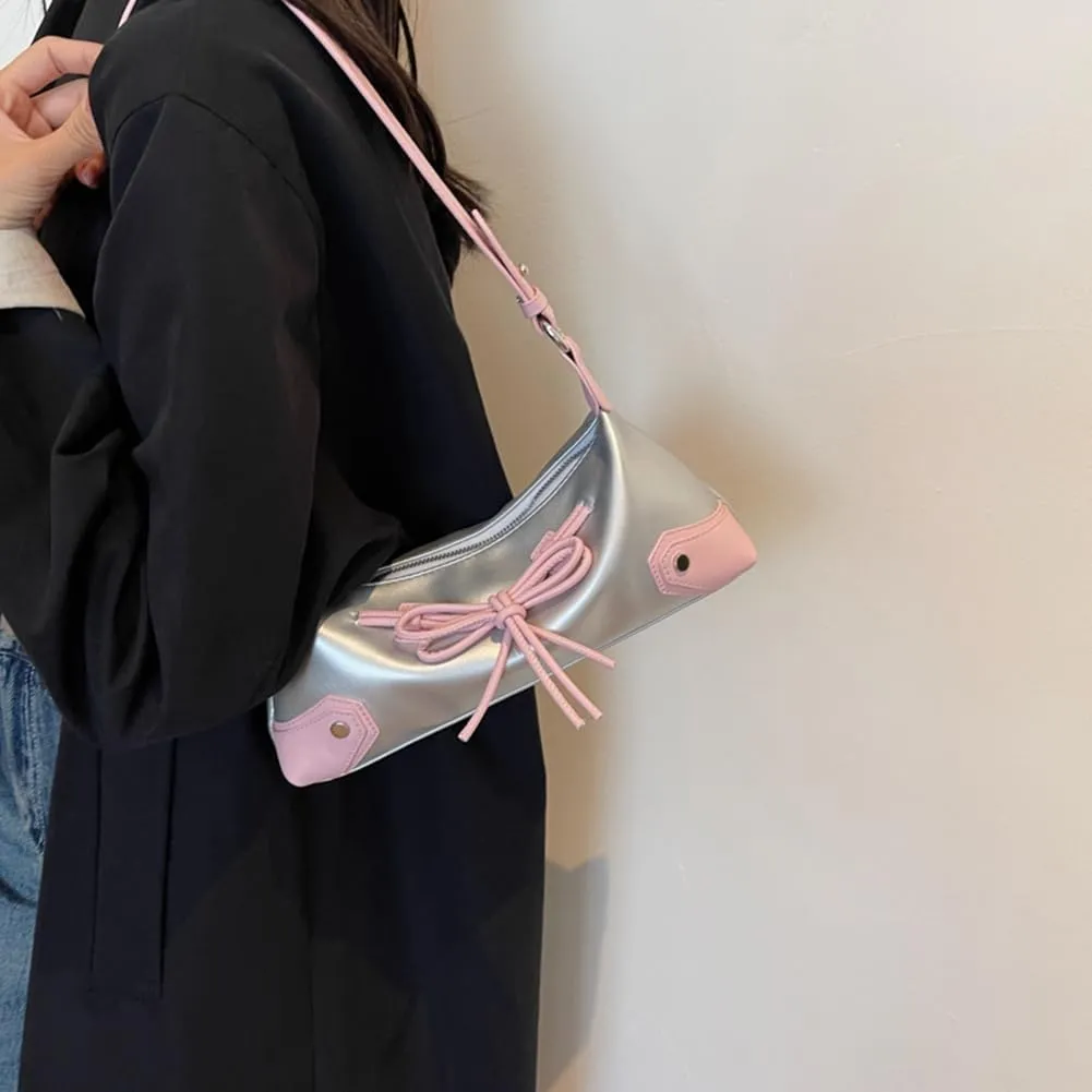 Bow Tie Trendy Shoulder Bag PU Leather Shoulder Purse Contrast Color Underarm Bag Shopping Dating Bag for Women an