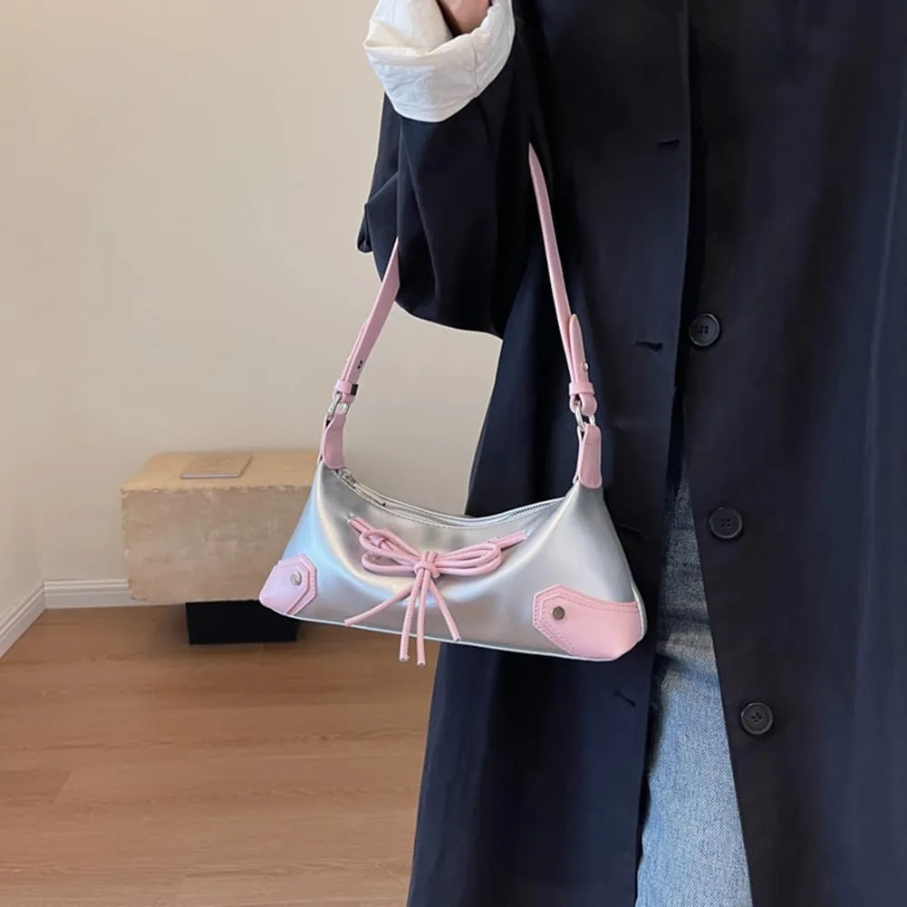 Bow Tie Trendy Shoulder Bag PU Leather Shoulder Purse Contrast Color Underarm Bag Shopping Dating Bag for Women an
