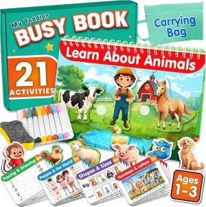 Busy Book for Toddlers 1-3 – 21 Fun Learning Activities for Toddlers to Pre K or Preschool - Montessori Sensory Book with Drawing and Coloring, Markers and Eraser and Storage Bag. Great Gift Idea.
