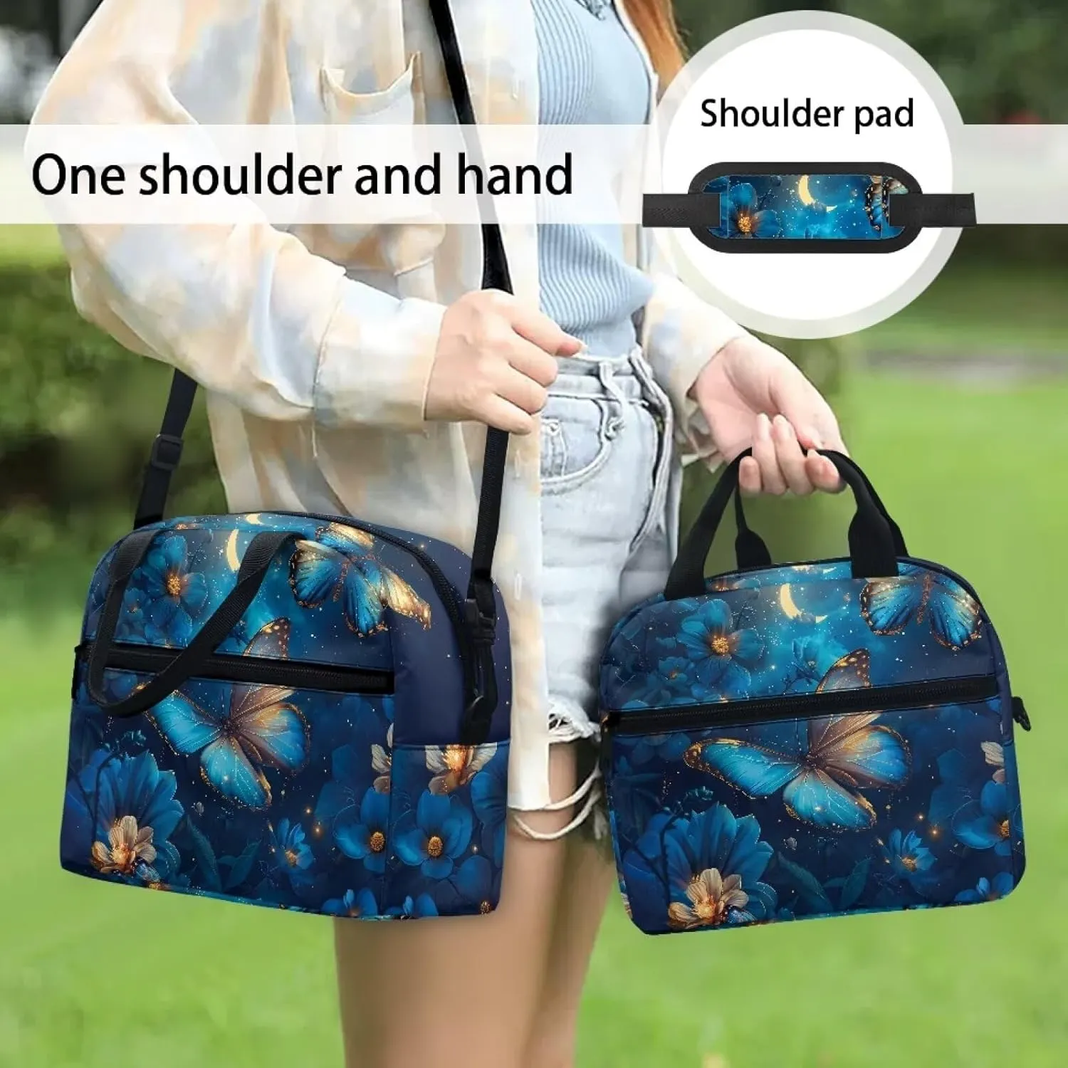Butterfly Lunch Bag for Women Insulated Lunch Box Flowers Reusable Leakproof Cooler Tote Portable Crossbody Lunchbag with Adjustable Shoulder Strap