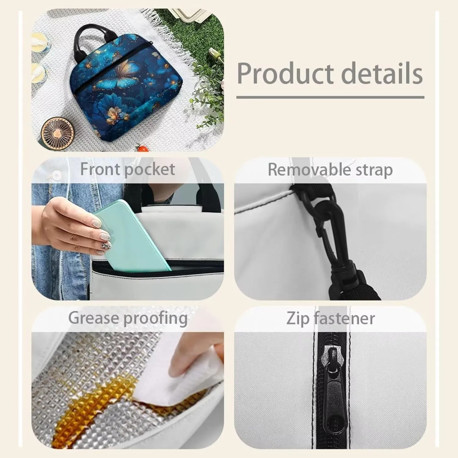 Butterfly Lunch Bag for Women Insulated Lunch Box Flowers Reusable Leakproof Cooler Tote Portable Crossbody Lunchbag with Adjustable Shoulder Strap