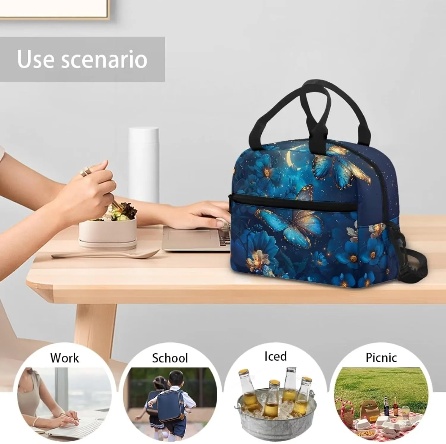 Butterfly Lunch Bag for Women Insulated Lunch Box Flowers Reusable Leakproof Cooler Tote Portable Crossbody Lunchbag with Adjustable Shoulder Strap