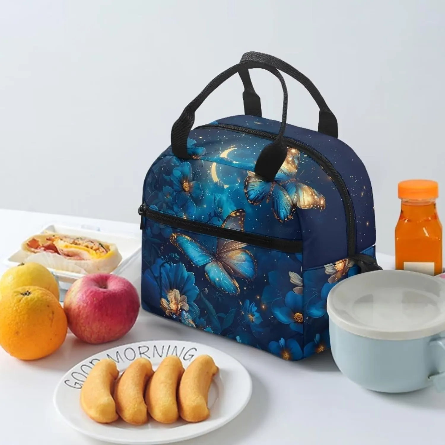 Butterfly Lunch Bag for Women Insulated Lunch Box Flowers Reusable Leakproof Cooler Tote Portable Crossbody Lunchbag with Adjustable Shoulder Strap