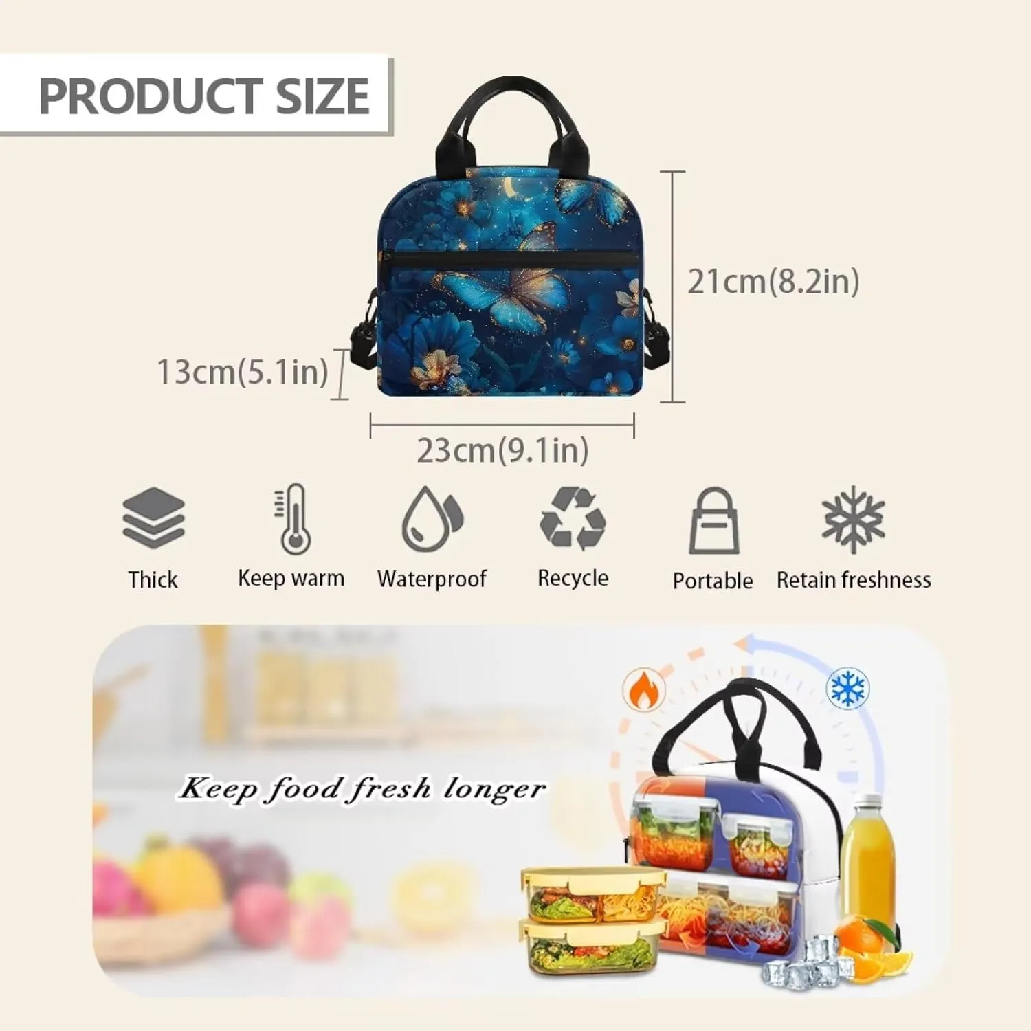 Butterfly Lunch Bag for Women Insulated Lunch Box Flowers Reusable Leakproof Cooler Tote Portable Crossbody Lunchbag with Adjustable Shoulder Strap
