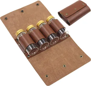 Camping Spice Organizer Kit, Compact Pu Leather Pouch with 4 Bottles, Multi-Compartment for Outdoor Cooking, Hiking, BBQ