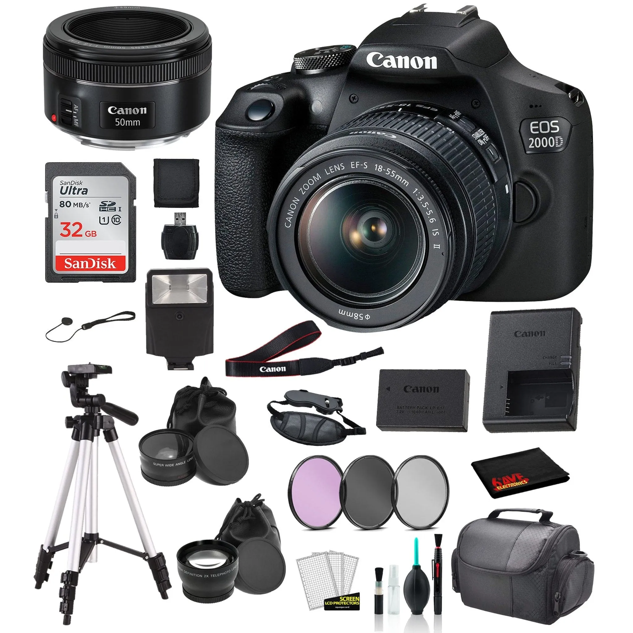 Canon EOS 2000D (REBEL T7) DSLR Camera 18-55MM IS ii and EF 50mm f/1.8 STM Bundle SanDisk 32gb   MORE - International