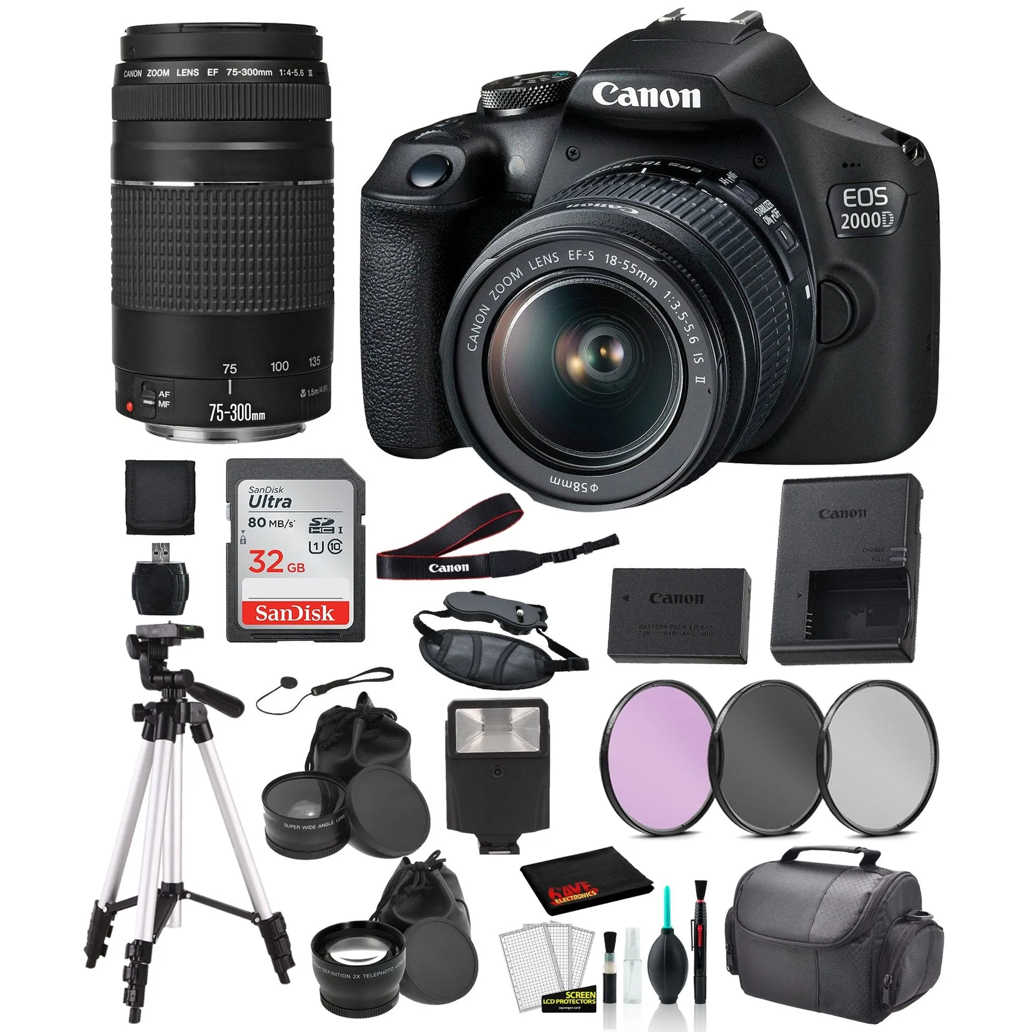 Canon EOS 2000D (REBEL T7) DSLR Camera 18-55MM IS ii and EF 73-300mm Lens Bundle �SanDisk 32gb   MORE - International