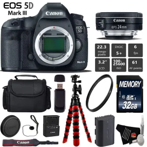 Canon EOS 5D Mark III DSLR Camera with 24mm f/2.8 STM Lens   Wireless Remote   UV Protection Filter   Case   Wrist Strap Starter Bundle