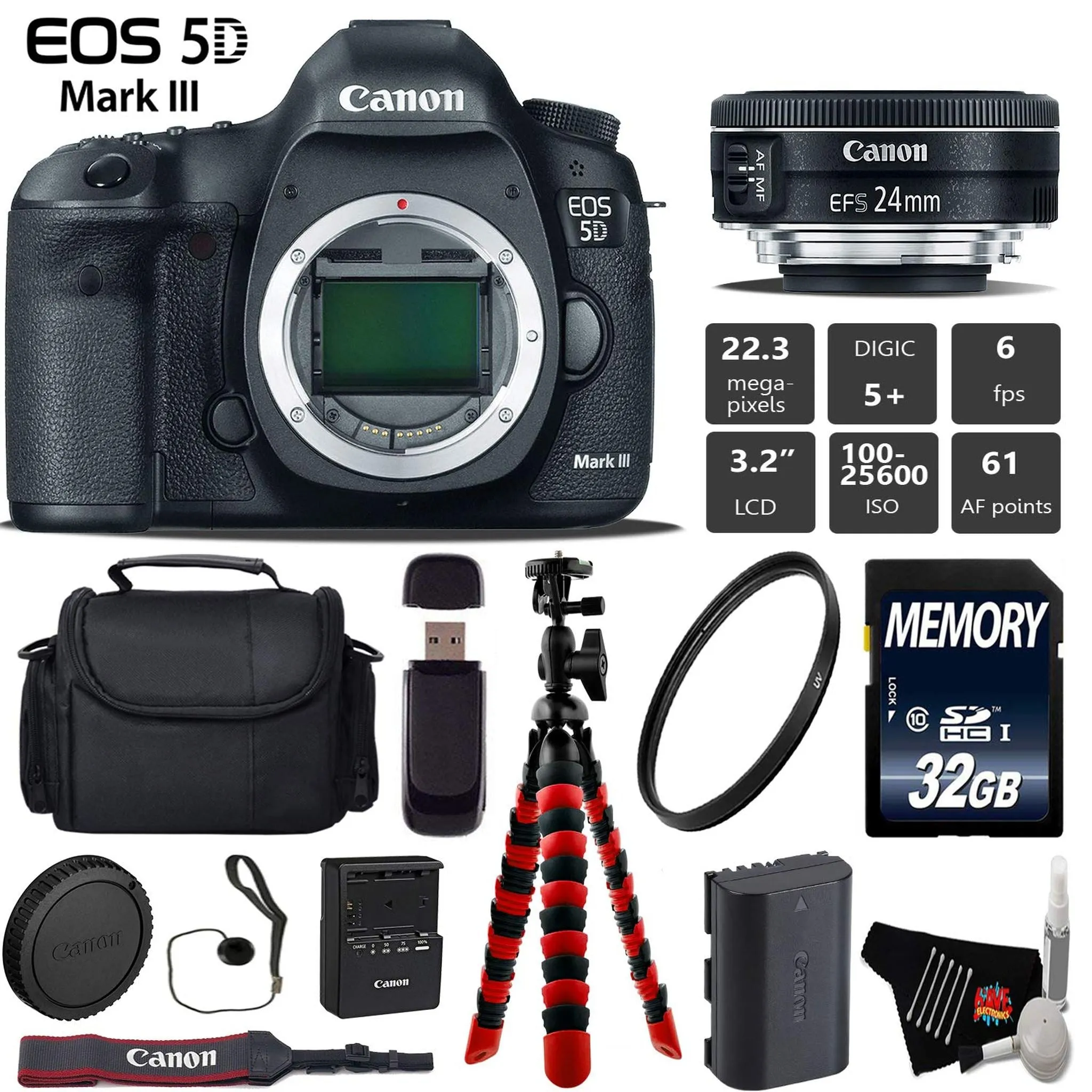 Canon EOS 5D Mark III DSLR Camera with 24mm f/2.8 STM Lens   Wireless Remote   UV Protection Filter   Case   Wrist Strap Starter Bundle