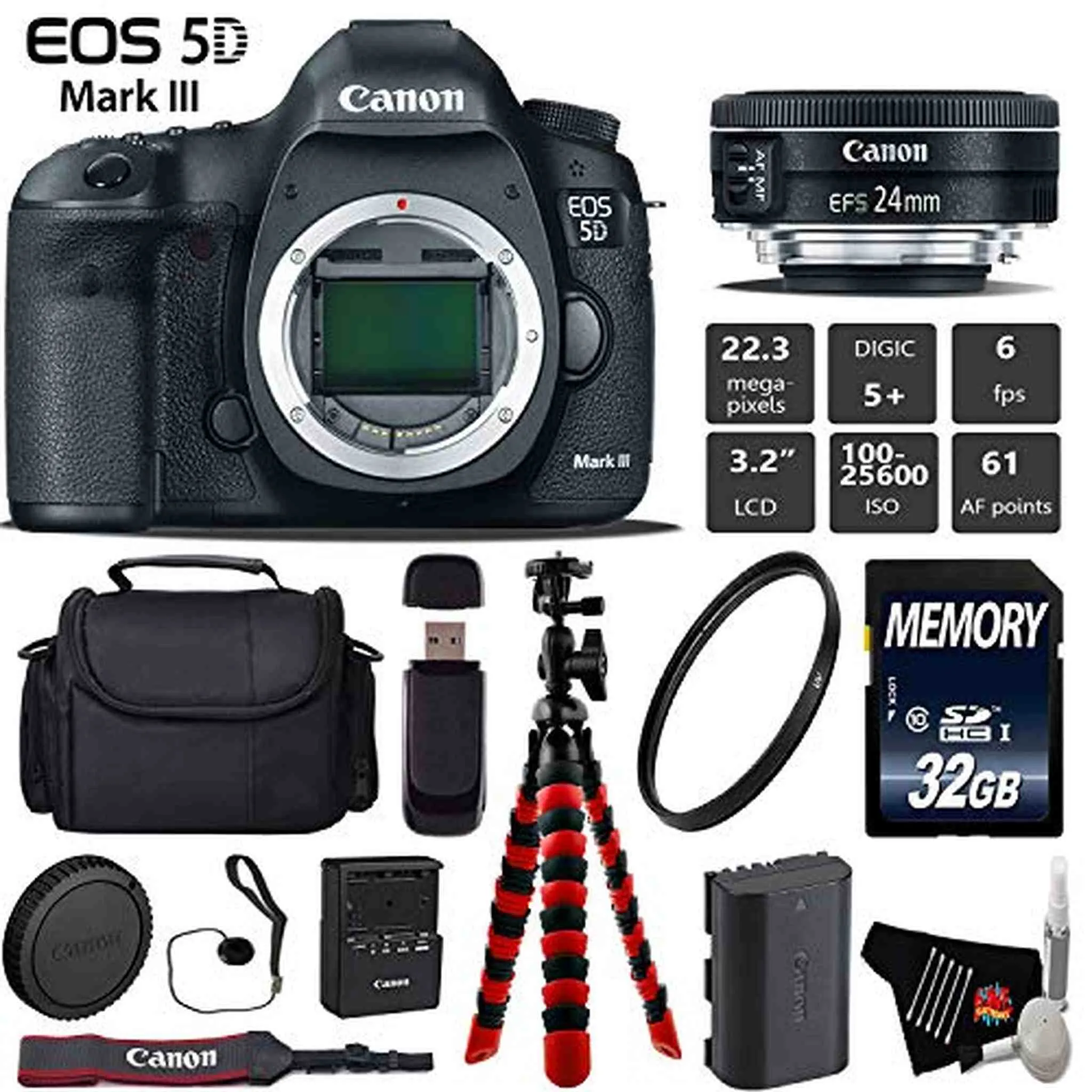 Canon EOS 5D Mark III DSLR Camera with 24mm f/2.8 STM Lens   Wireless Remote   UV Protection Filter   Case   Wrist Strap Starter Bundle