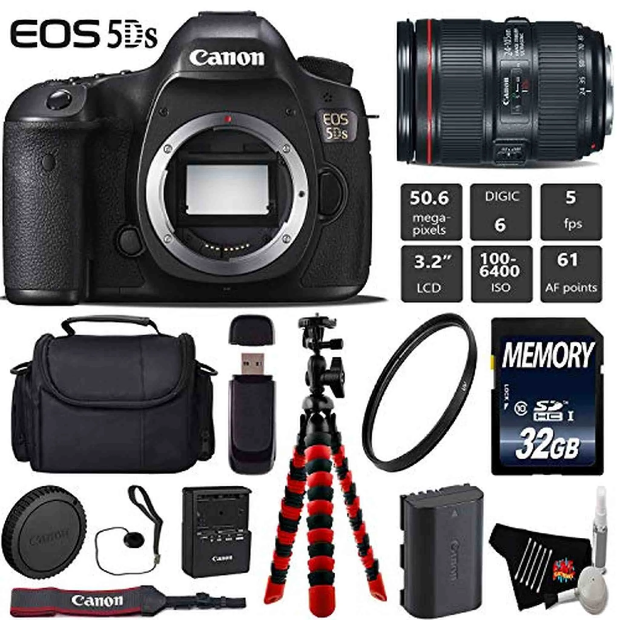 Canon EOS 5DS DSLR Camera with 24-105mm f/4L II Lens   Wireless Remote   UV Protection Filter   Case   Wrist Strap   Tri