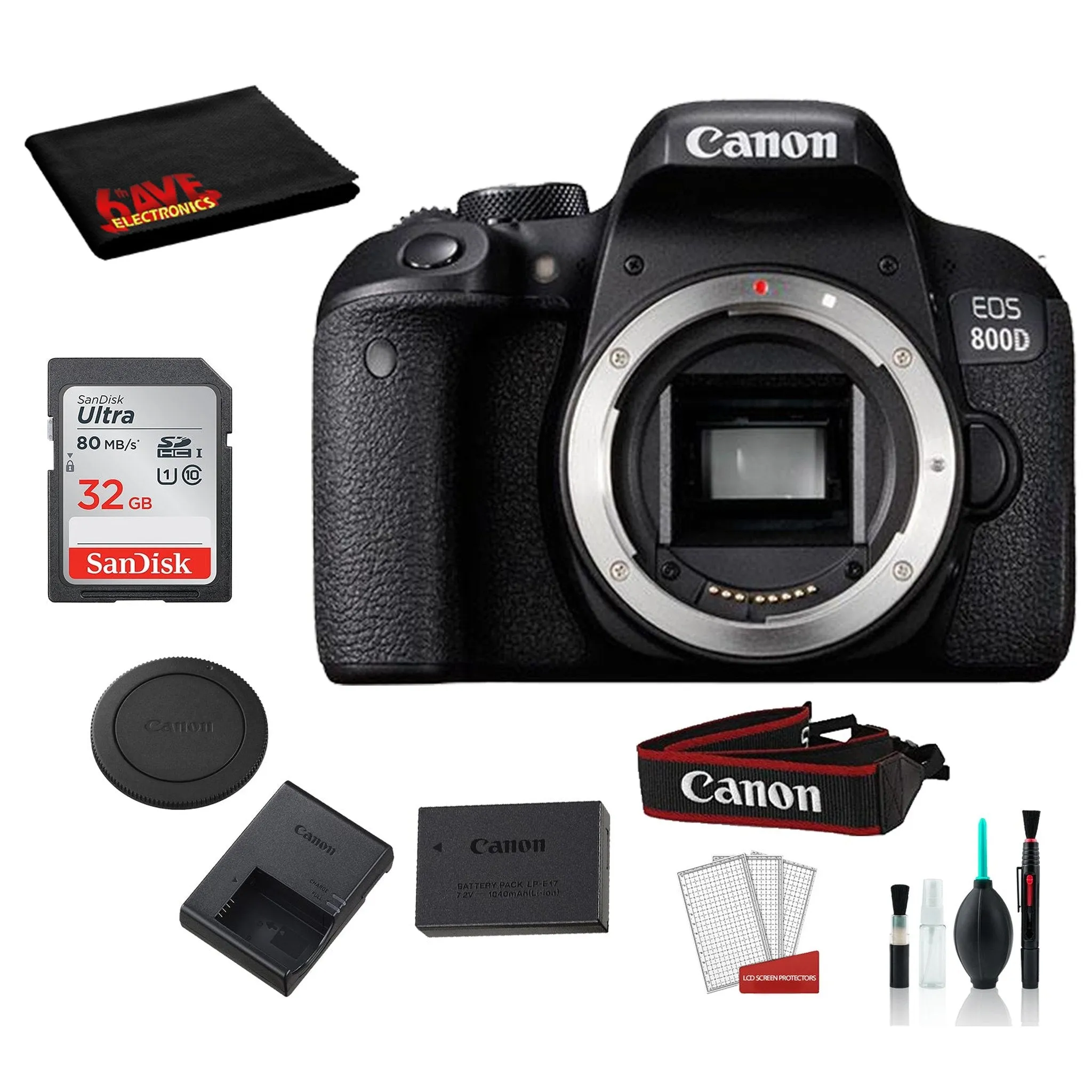 Canon EOS 800D (Rebel T7i) Body Only Kit Bundle  SanDisk 32gb SD Card   Deluxe DSLR Cleaning Kit   MORE - International