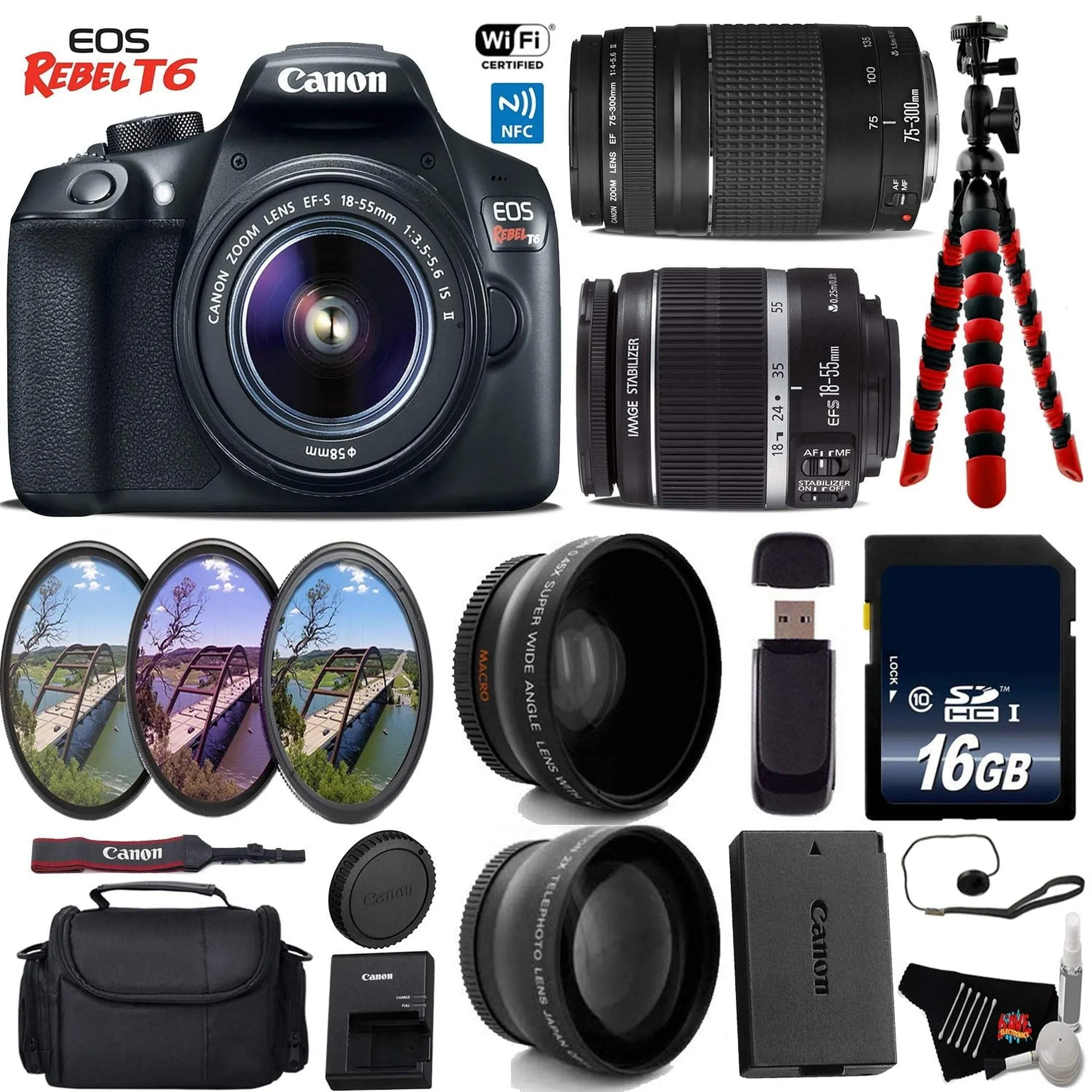 Canon EOS Rebel T6 DSLR Camera 18-55mm is II Lens & 75-300mm III Lens   UV FLD CPL Filter Kit   Wide Angle & Telephoto L