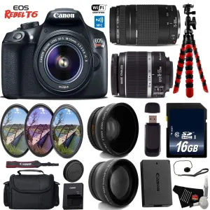 Canon EOS Rebel T6 DSLR Camera 18-55mm is II Lens & 75-300mm III Lens   UV FLD CPL Filter Kit   Wide Angle & Telephoto L