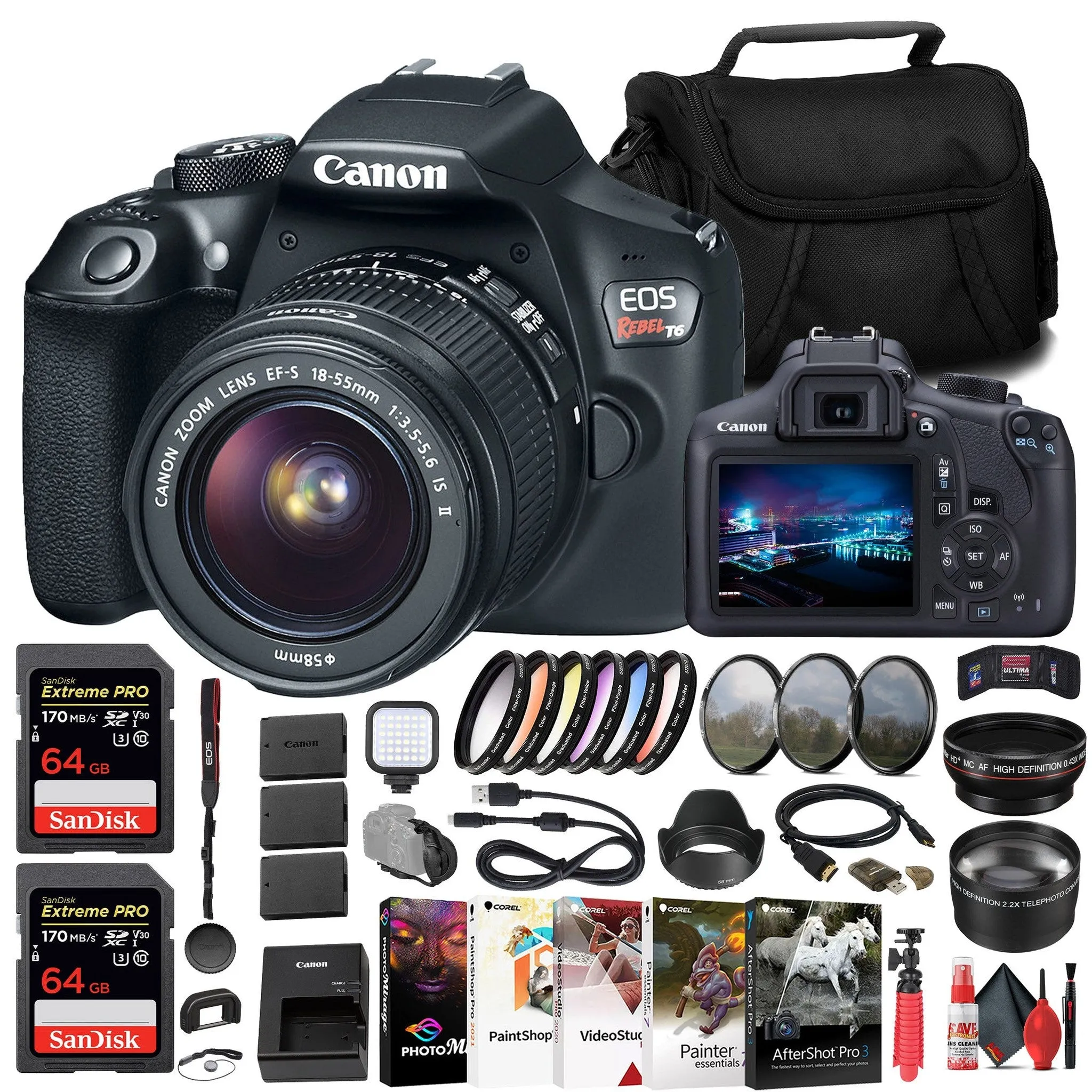 Canon EOS Rebel T6 DSLR Camera W/ 18-55mm Lens   2 x 64GB Card   Filter   More