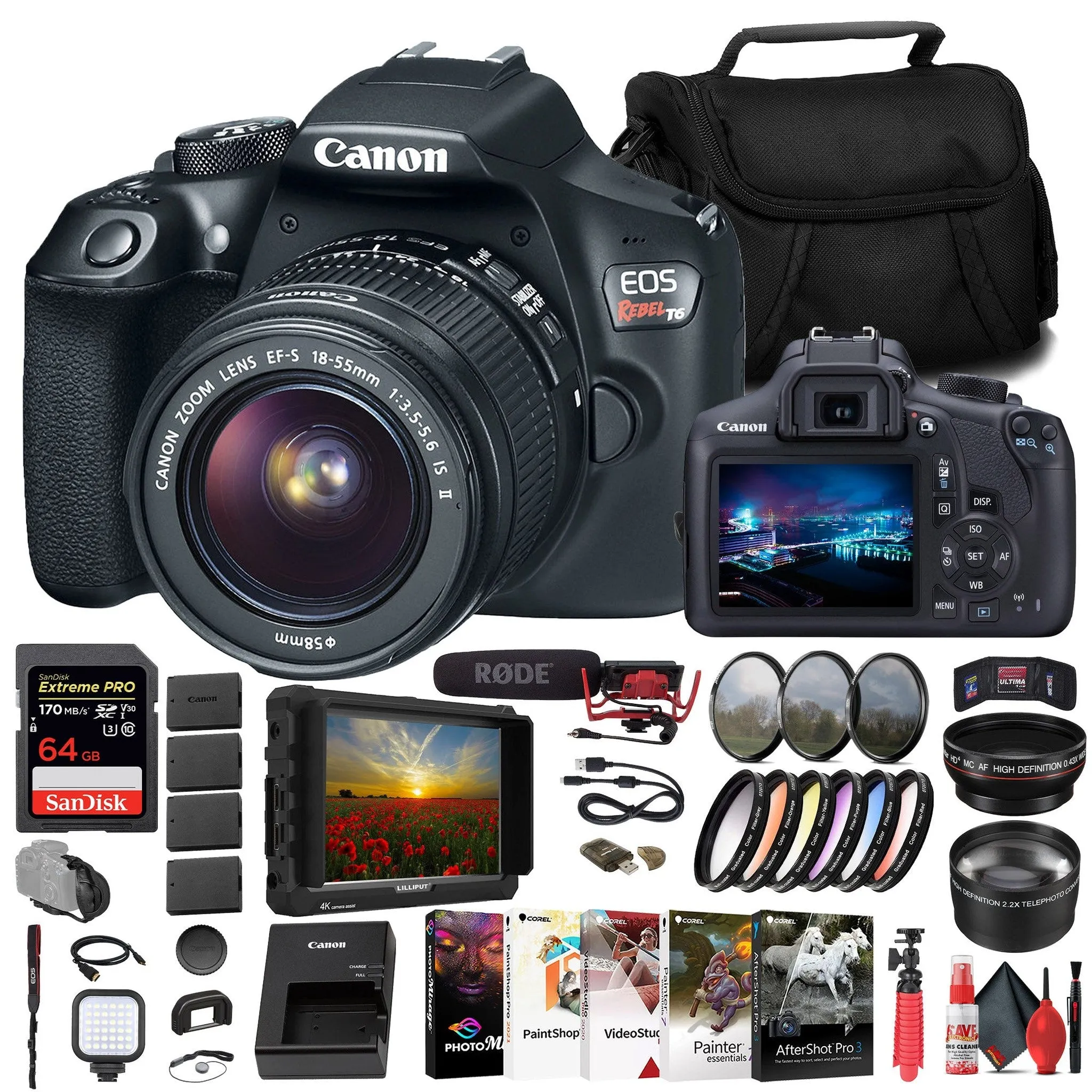 Canon EOS Rebel T6 DSLR Camera W/ 18-55mm Lens   Monitor   Mic   64GB Card   More