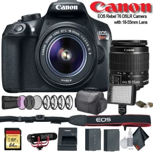 Canon EOS Rebel T6 DSLR Camera with 18-55mm Lens (1159C003) W/Bag, Extra Battery, LED Light, Mic, Filters and More - Adv