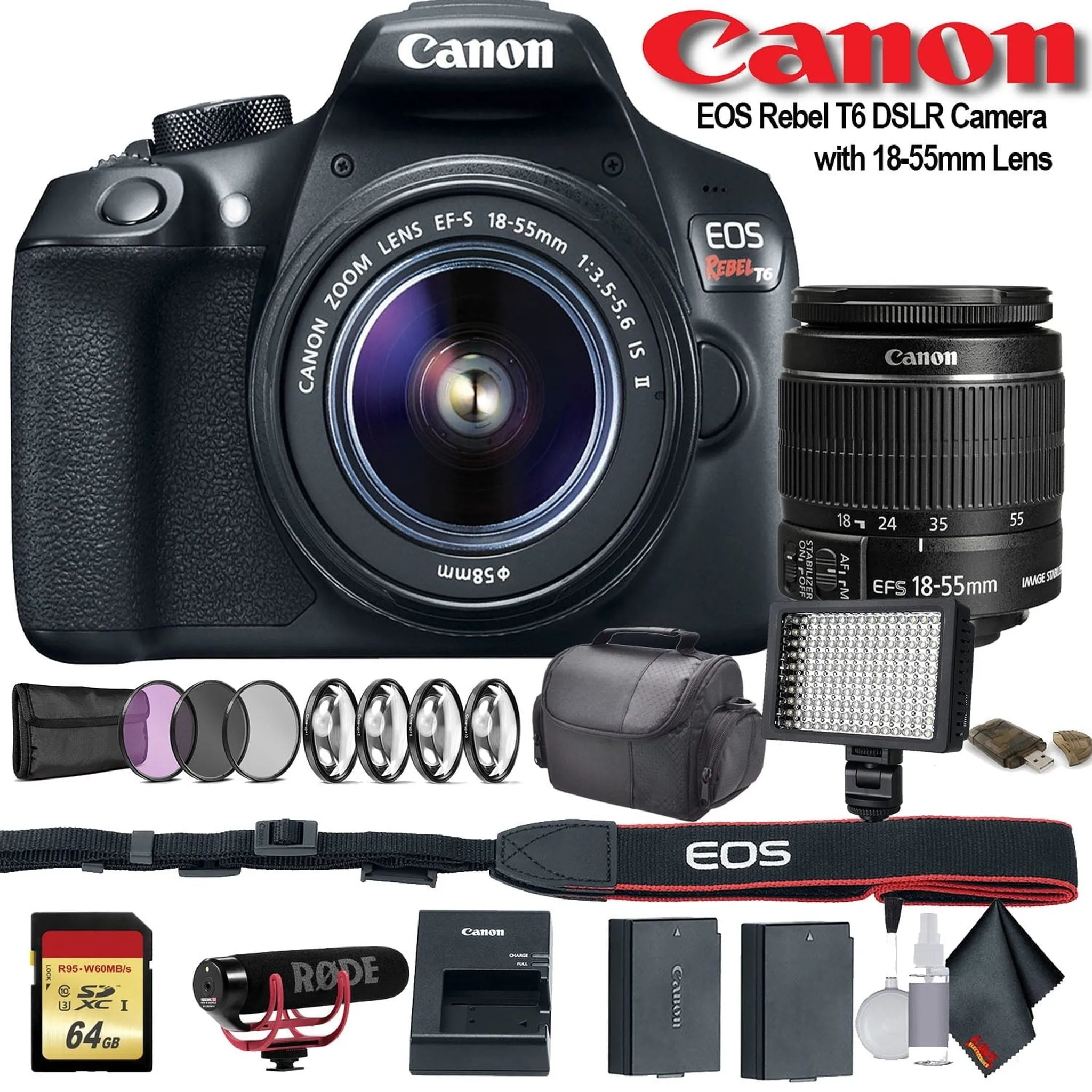 Canon EOS Rebel T6 DSLR Camera with 18-55mm Lens (1159C003) W/Bag, Extra Battery, LED Light, Mic, Filters and More - Adv