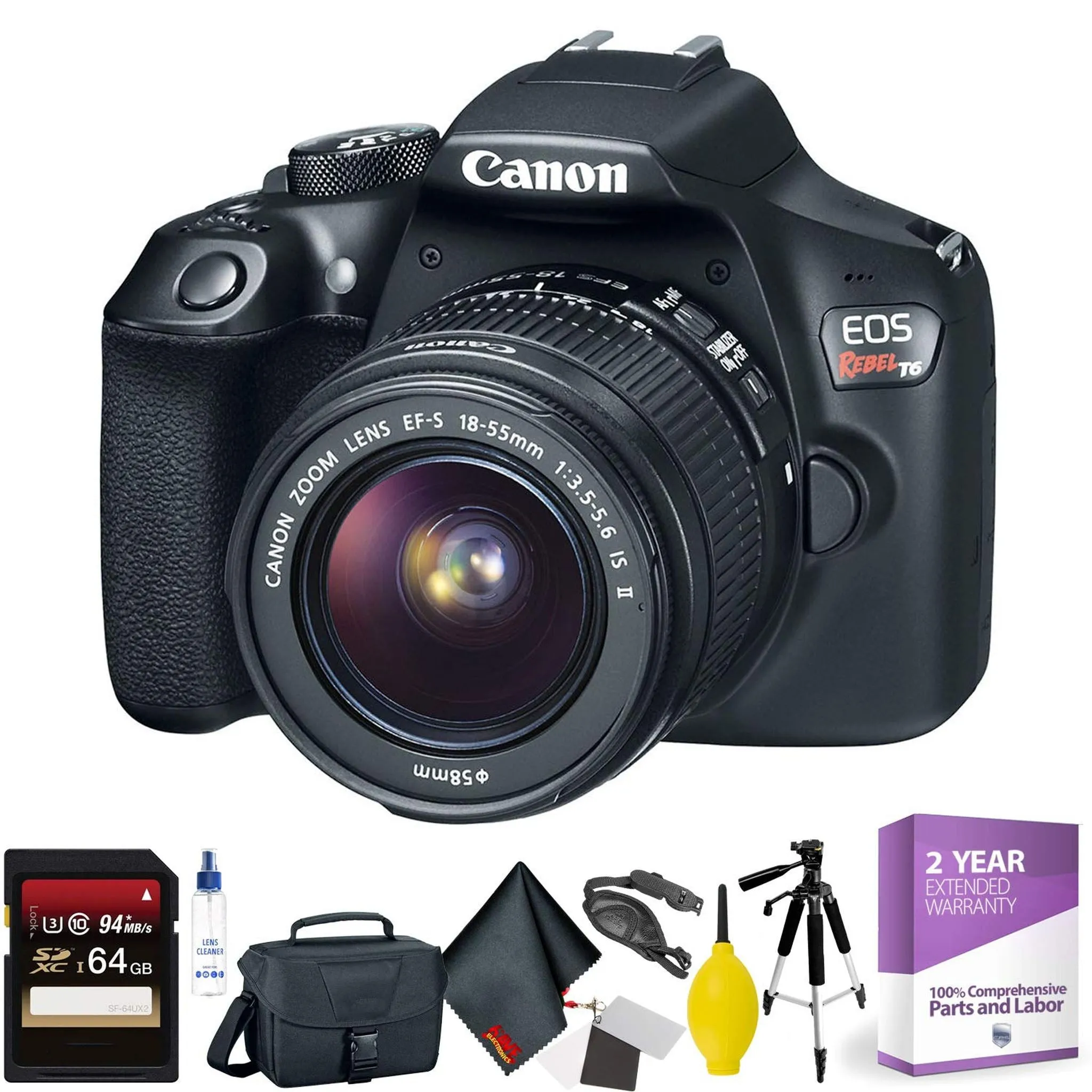 Canon EOS Rebel T6 DSLR Camera with 18-55mm Lens   64GB Memory Card   Mega Accessory Kit   1 Year Warranty Bundle