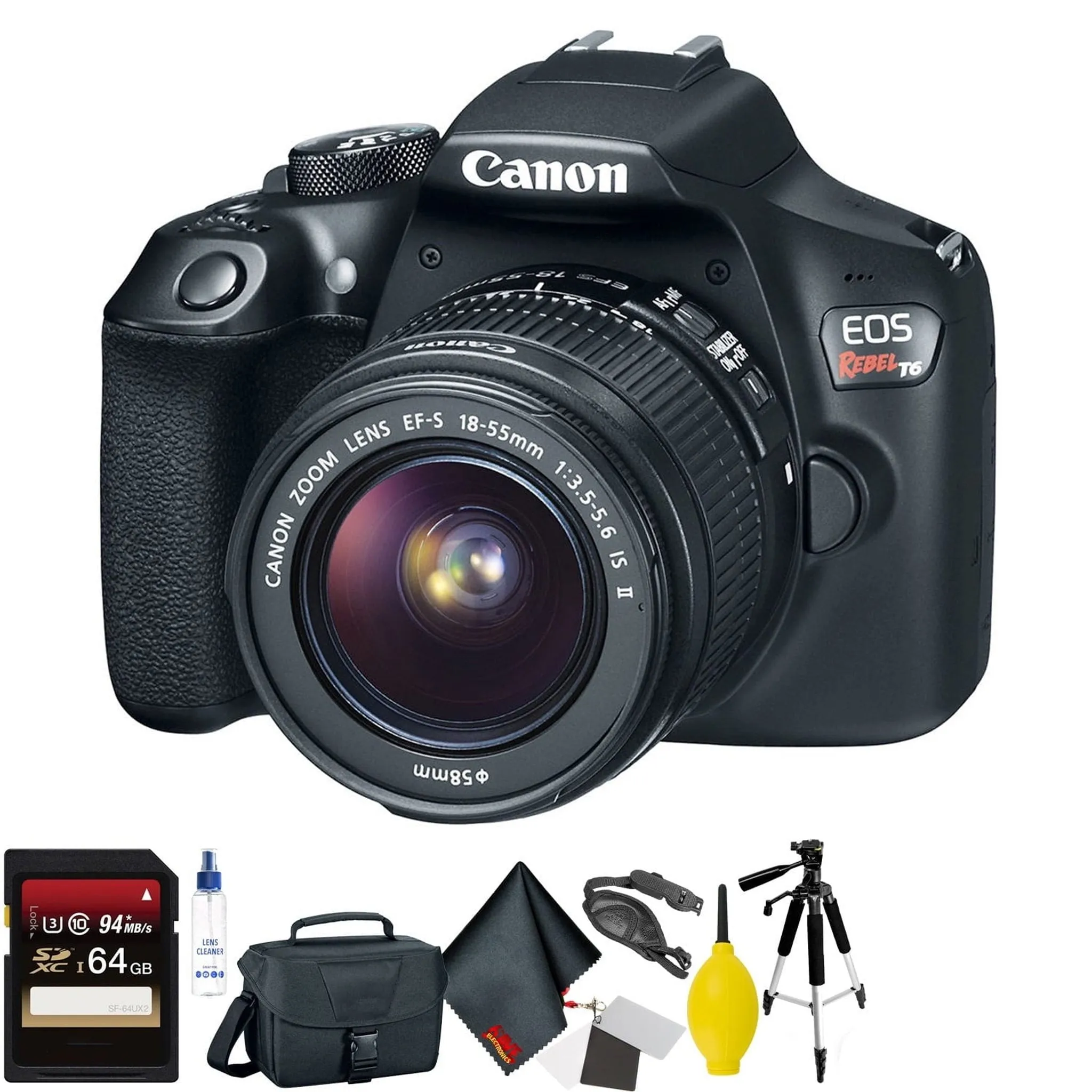 Canon EOS Rebel T6 DSLR Camera with 18-55mm Lens   64GB Memory Card   Mega Accessory Kit   1 Year Warranty Bundle