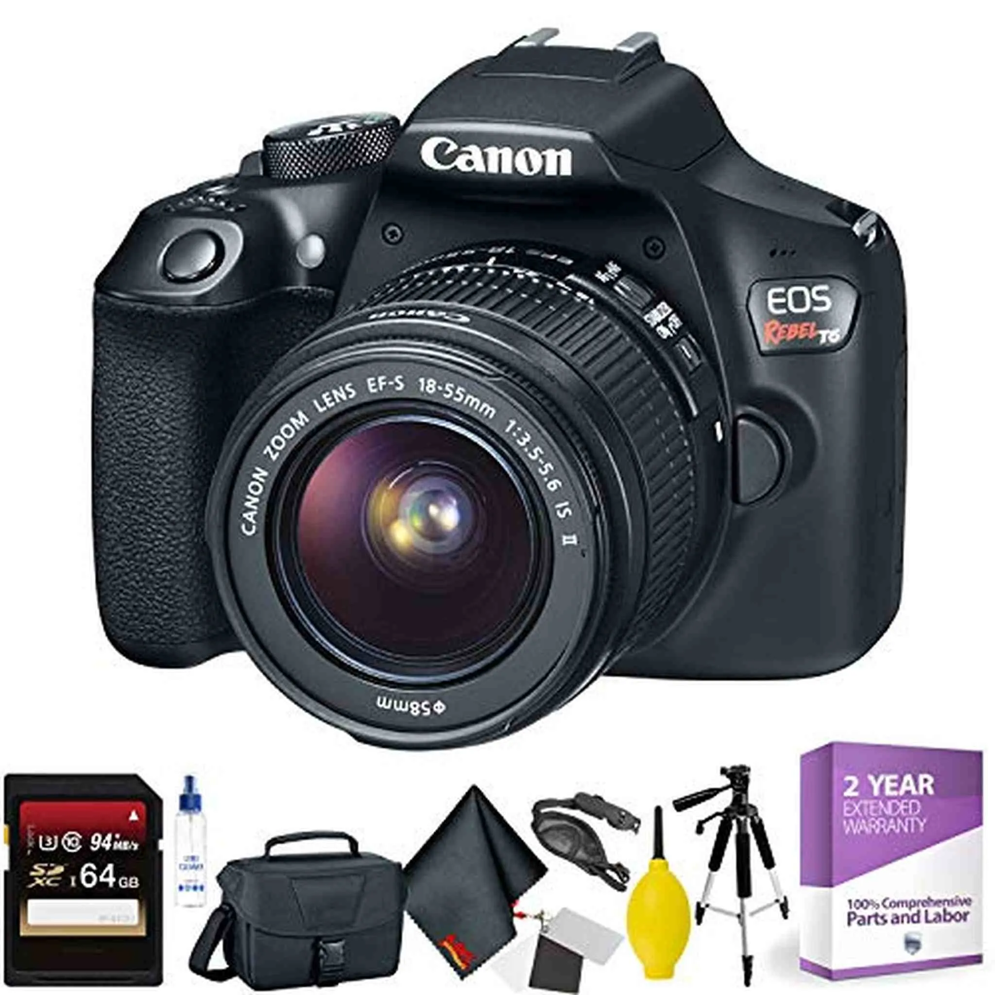 Canon EOS Rebel T6 DSLR Camera with 18-55mm Lens   64GB Memory Card   Mega Accessory Kit   1 Year Warranty Bundle