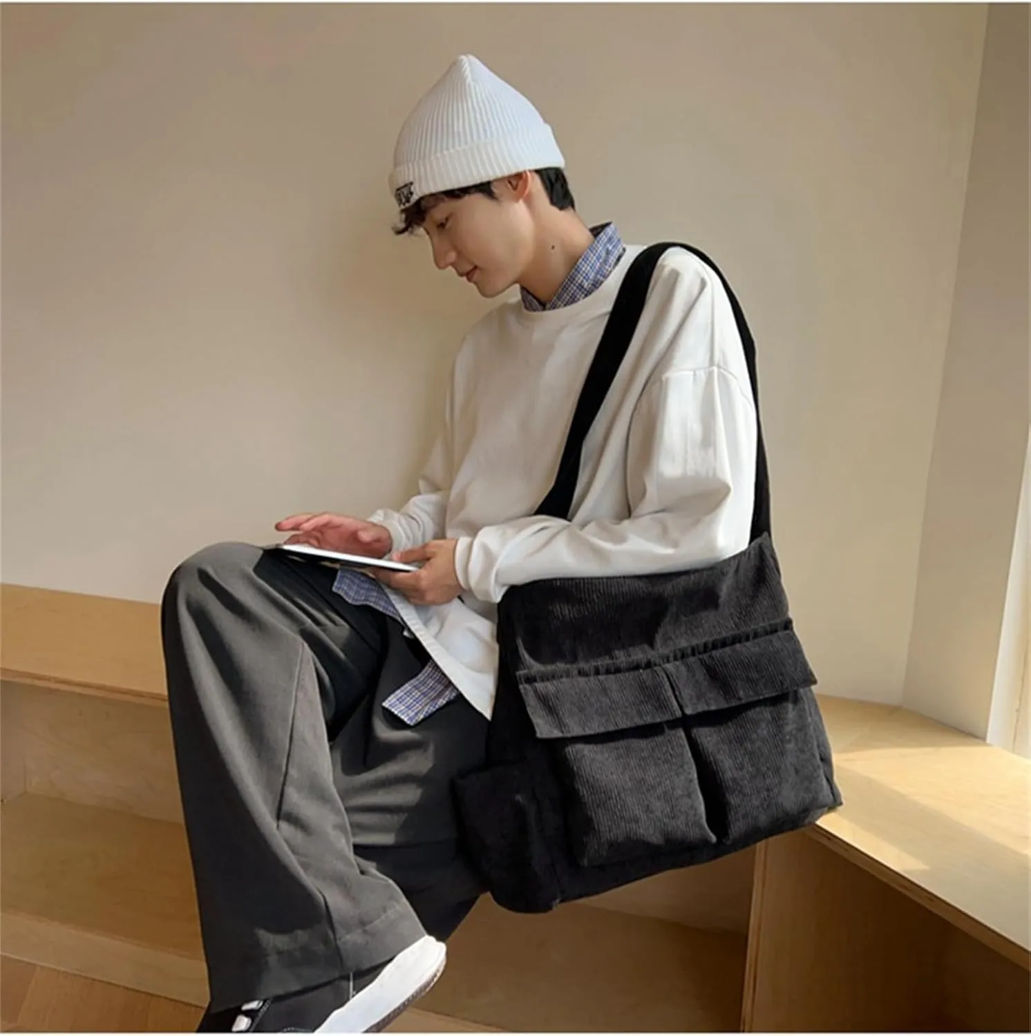 Canvas Crossbody Bag Corduroy Multi-Pocket Shoulder Tote 2025 Unisex College Casual Couple Daily Bag Work
