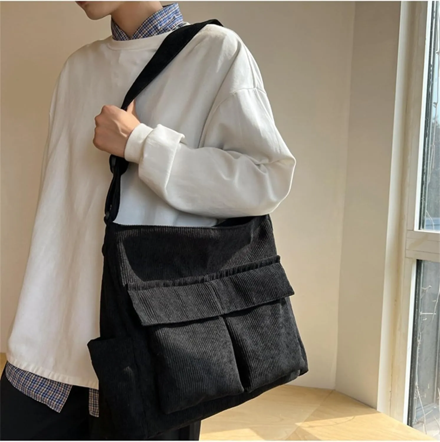 Canvas Crossbody Bag Corduroy Multi-Pocket Shoulder Tote 2025 Unisex College Casual Couple Daily Bag Work