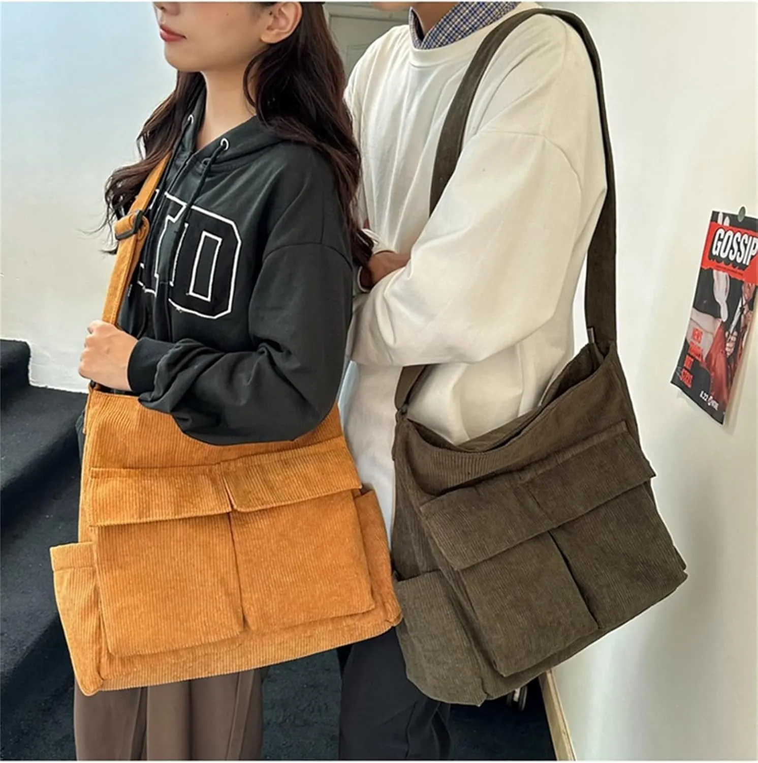 Canvas Crossbody Bag Corduroy Multi-Pocket Shoulder Tote 2025 Unisex College Casual Couple Daily Bag Work