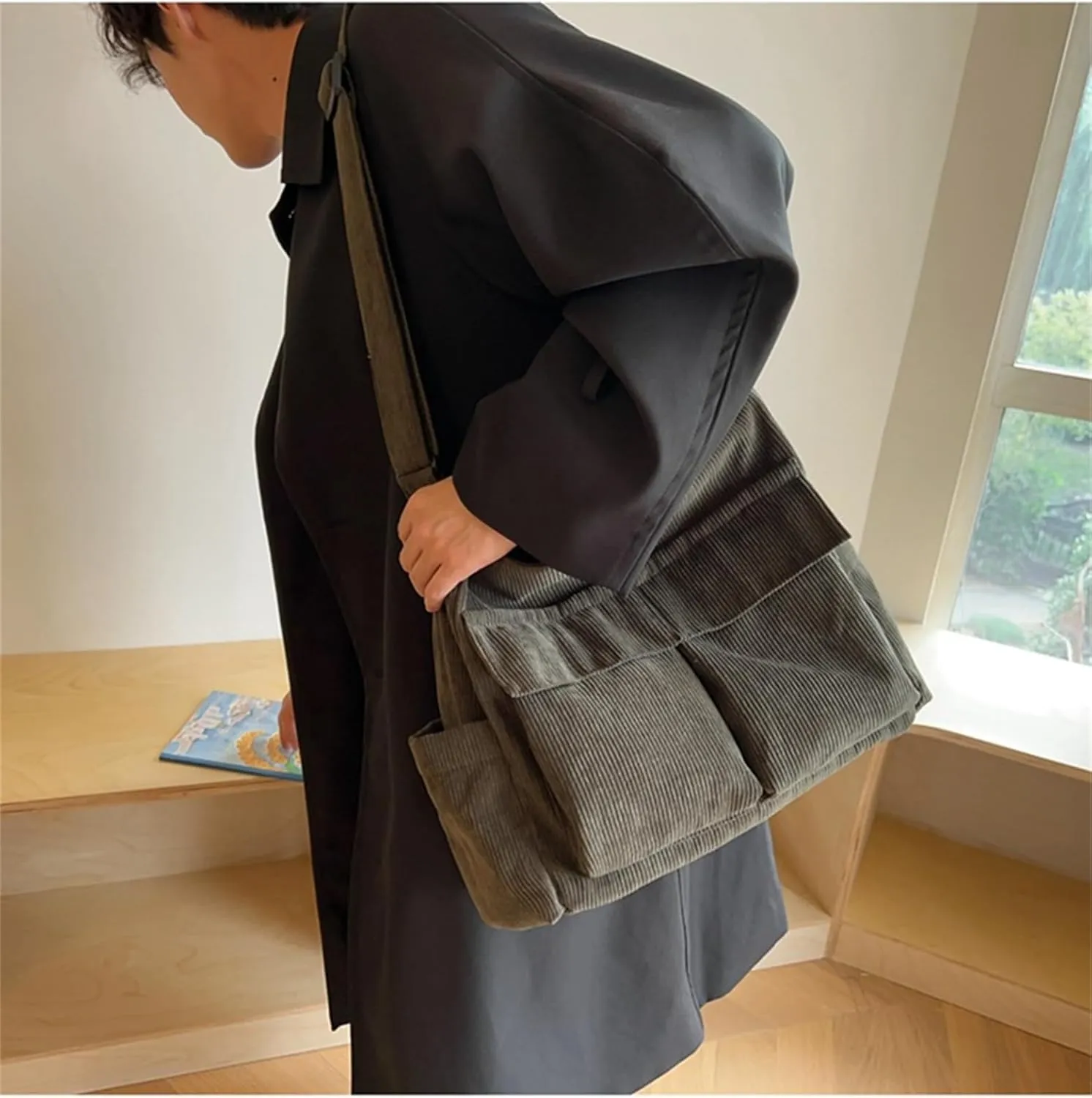 Canvas Crossbody Bag Corduroy Multi-Pocket Shoulder Tote 2025 Unisex College Casual Couple Daily Bag Work