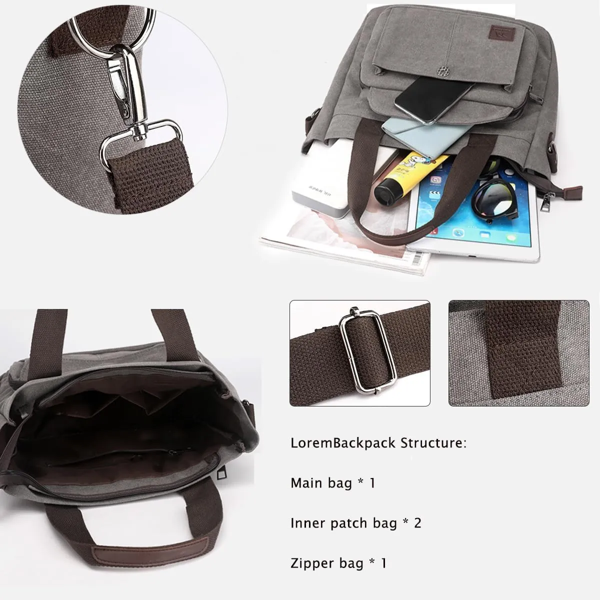 Canvas Tote Bag for Women Shoulder Crossbody Handbag with Multi Pockets Zipper Ideal for Work Travel Daily Use