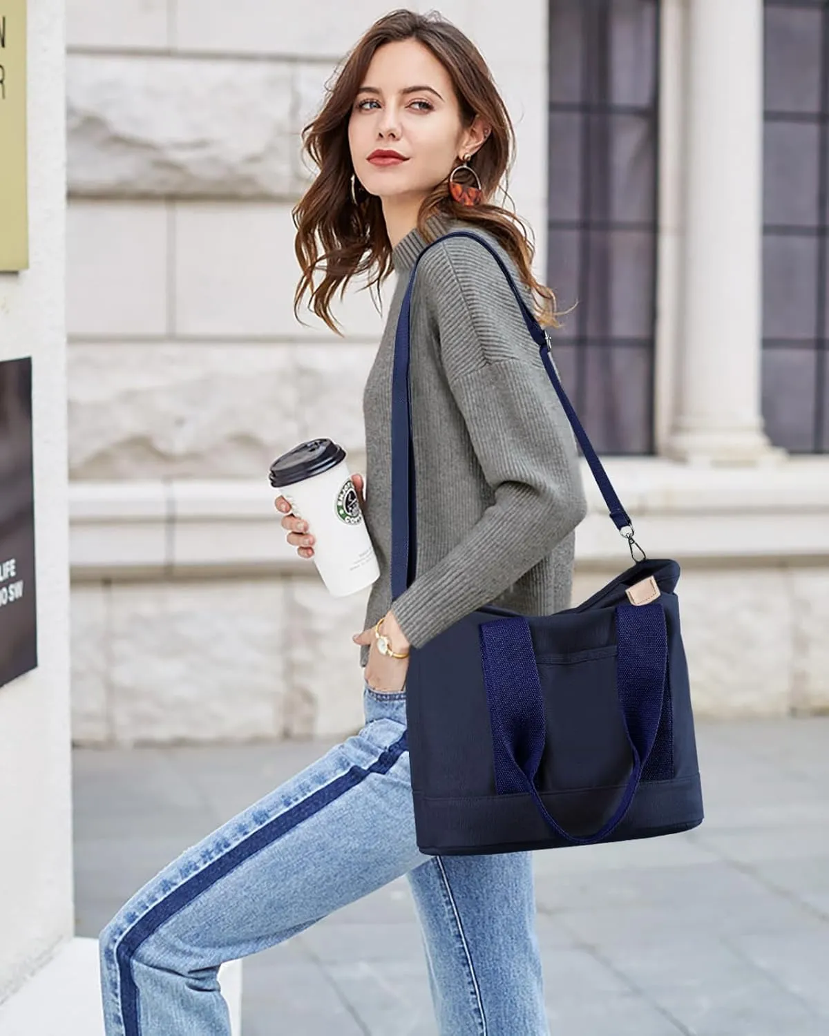Canvas Tote Bag for Women Small Tote Bag with Zipper Crossbody Bag Shoulder Handbag Work Travel Tote with Compartments