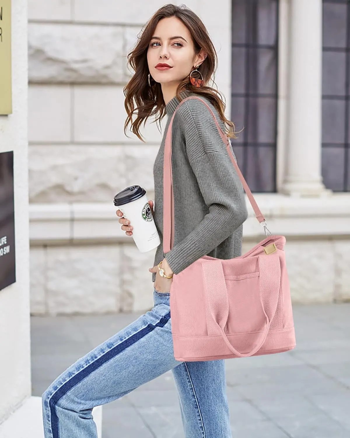 Canvas Tote Bag for Women Small Tote Bag with Zipper Crossbody Bag Shoulder Handbag Work Travel Tote with Compartments