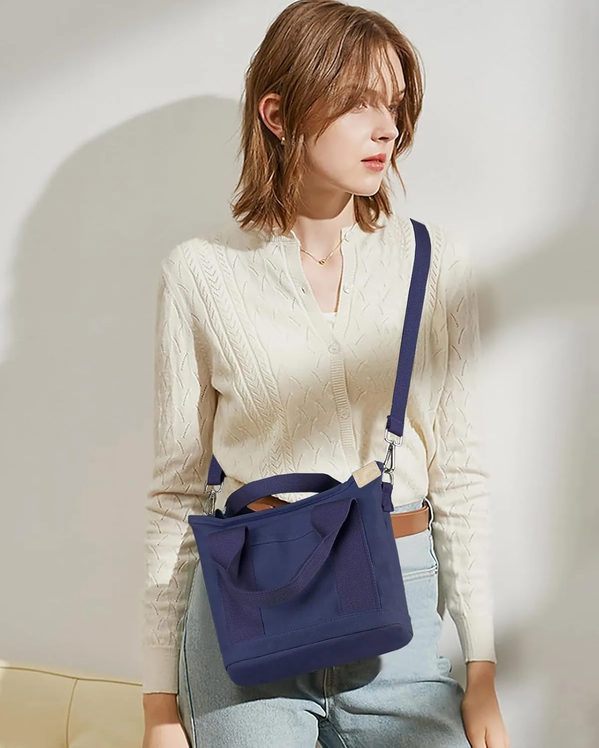 Canvas Tote Bag for Women Small Tote Bag with Zipper Crossbody Bag Shoulder Handbag Work Travel Tote with Compartments