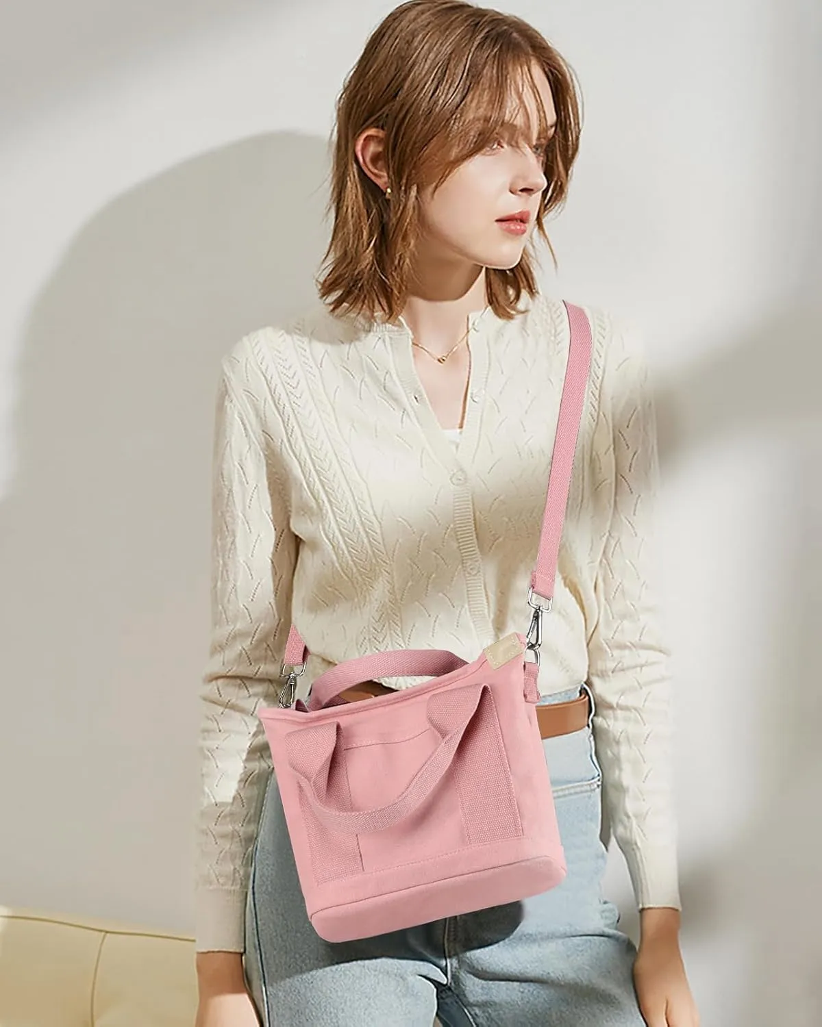 Canvas Tote Bag for Women Small Tote Bag with Zipper Crossbody Bag Shoulder Handbag Work Travel Tote with Compartments