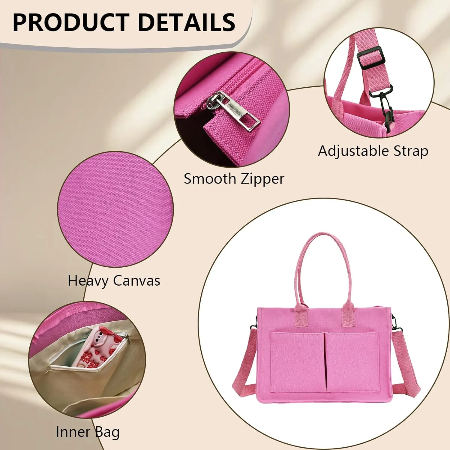 Canvas Tote Bag for Women with Pockets Crossbody Shoulder Bag Multi-Compartment Handbag for Work Travel with Zipper