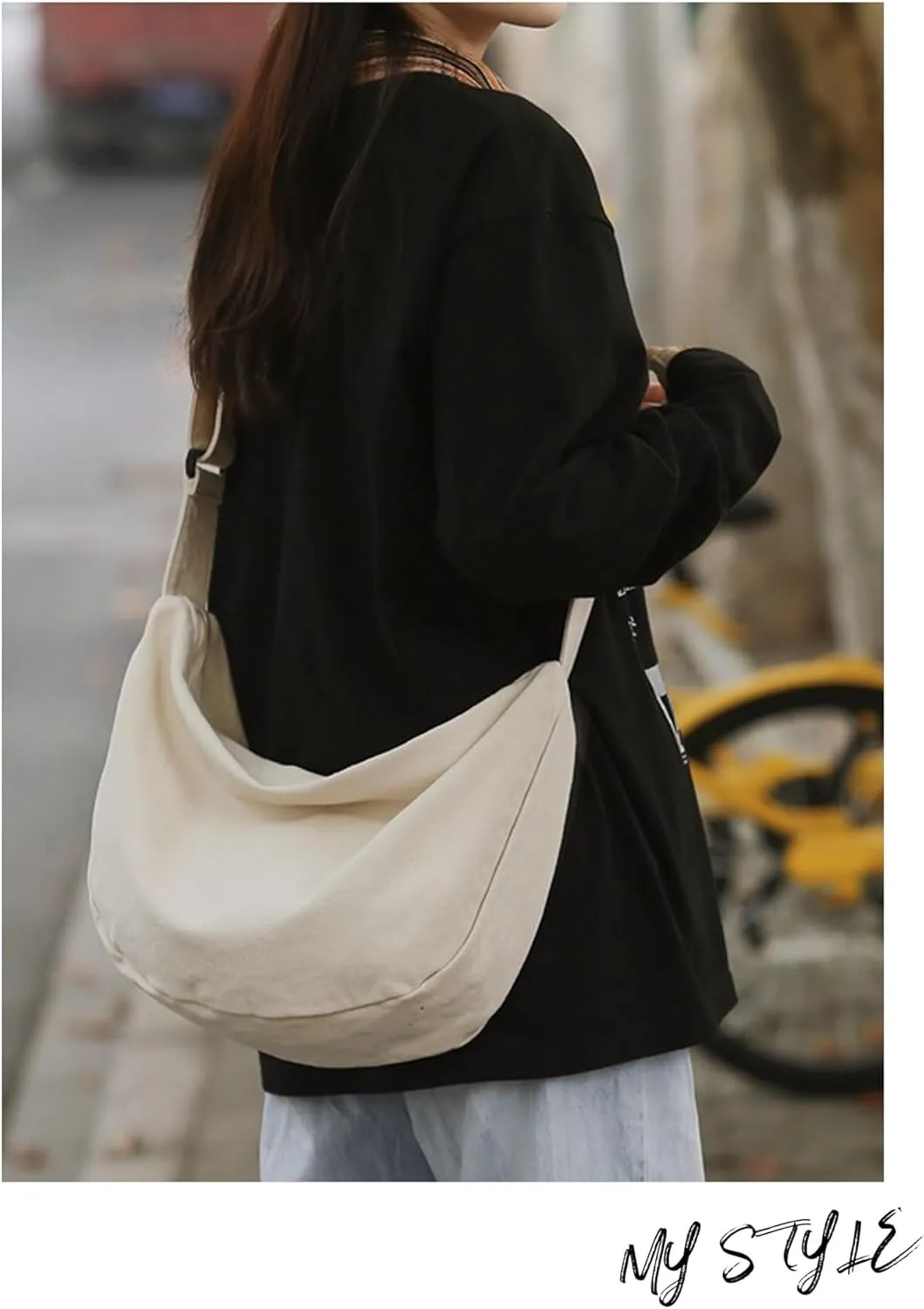 Canvas Tote Bag Hobo Crossbody Bag Fashion Crescent Bag with Zipper Pockets for Shopping Travel for Women and Men Black